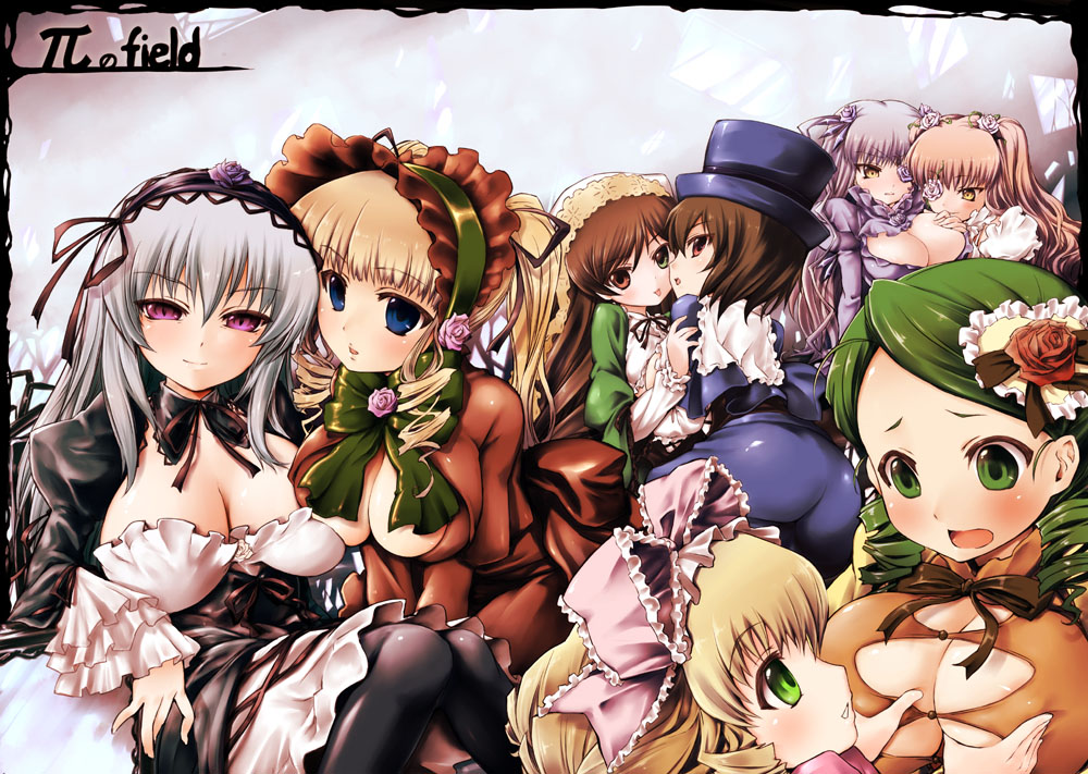tousen, barasuishou, hinaichigo, kanaria, kirakishou, shinku, souseiseki, suigintou, suiseiseki, rozen maiden, 00s, 6+girls, alternate breast size (larger), blonde hair, blue eyes, blunt bangs, blush, bonnet, bow, breasts, brown hair, choker, cleavage, dress, drill hair, everyone, flower, grabbing another's breast, green dress, green eyes, green hair, grey hair, groping, hat, heterochromia, large breasts, lolita fashion, long sleeves, multiple girls, pink bow, pink eyes, pink hair, red dress, red eyes, ribbon, rose, short hair, shorts, smile, thighhighs, top hat, twin drills, twintails, two side up, yellow eyes