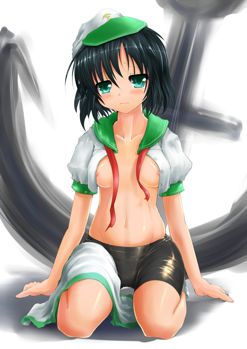 kantarou (nurumayutei), murasa minamitsu, touhou, highres, 1girl, anchor, aqua eyes, bike shorts, black hair, blush, breasts, cameltoe, female focus, hat, midriff, navel, nipple slip, nipples, open clothes, open shirt, sailor, sailor collar, sailor hat, shirt, short hair, solo