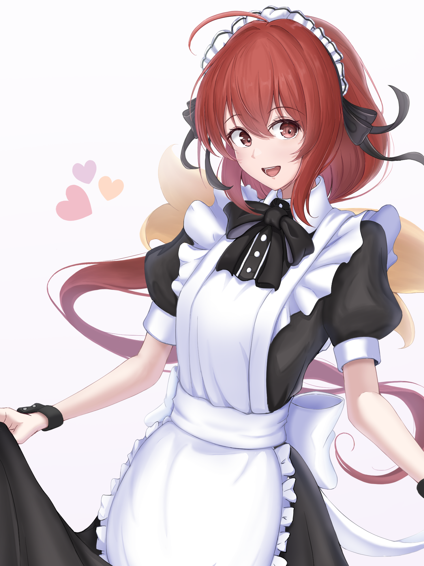 sin sin shinji, kagami sumika, muv-luv, commentary request, highres, 1girl, ahoge, alternate costume, apron, black dress, bow, dress, enmaided, frilled apron, frills, hair intakes, long hair, low ponytail, maid, maid apron, maid headdress, ponytail, puffy short sleeves, puffy sleeves, red eyes, red hair, short sleeves, solo, very long hair, waist apron, white apron, wrist cuffs, yellow bow