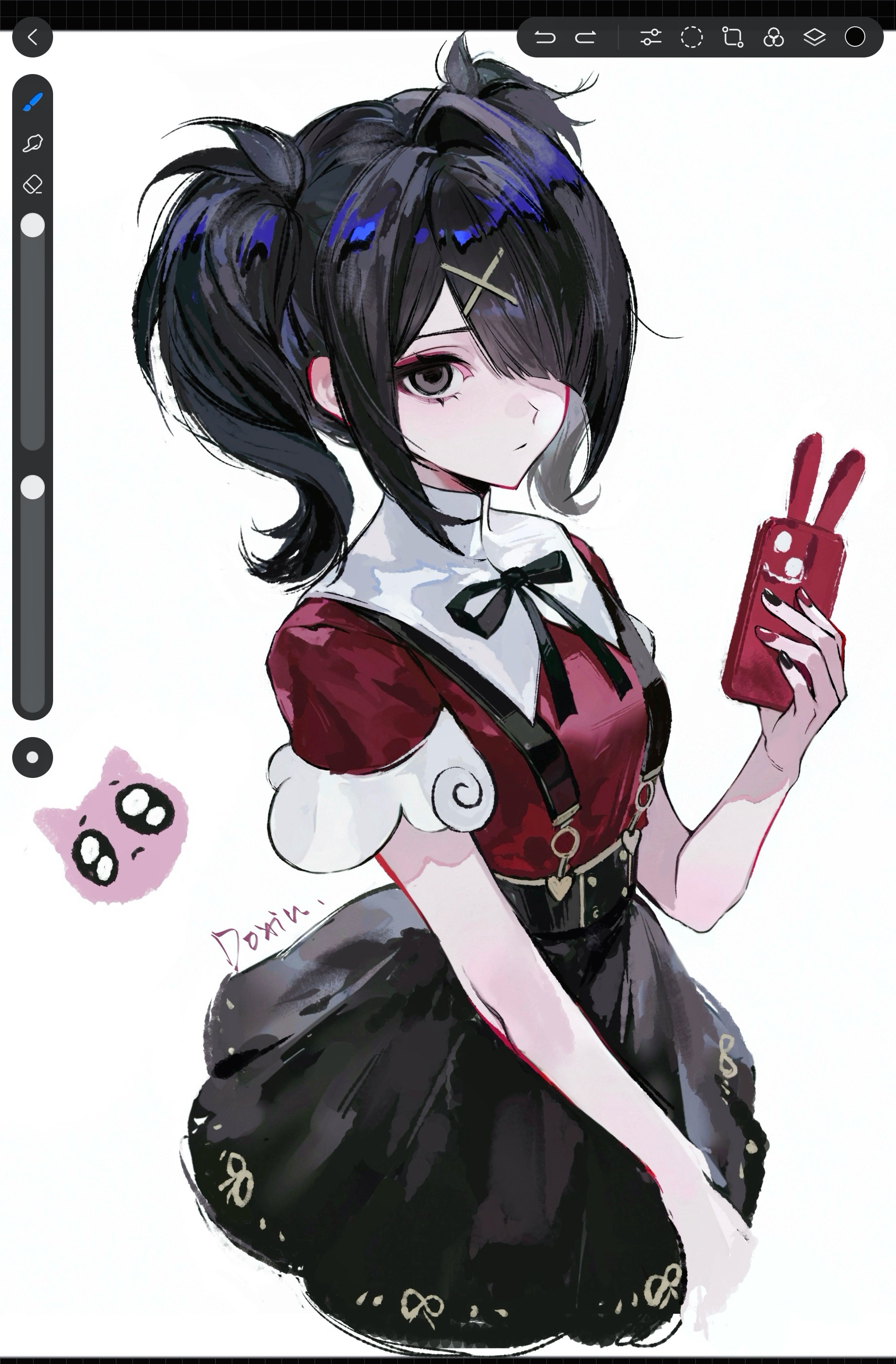chayexuanhai, ame-chan (needy girl overdose), pien cat (needy girl overdose), needy girl overdose, absurdres, chinese commentary, commentary request, highres, 1girl, art program in frame, black eyes, black hair, black nails, black skirt, collared shirt, cropped legs, emoji, hair ornament, hair over one eye, heart, holding, holding phone, looking at viewer, multicolored nails, neck ribbon, phone, pleading face emoji, puritan collar, red nails, red shirt, ribbon, shirt, short sleeves, sidelocks, skirt, solo, suspender skirt, suspenders, twintails, x hair ornament