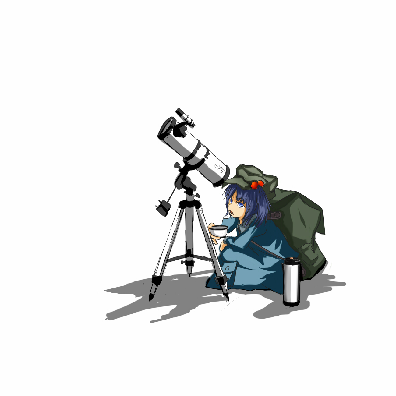 hizakozouzu, kawashiro nitori, touhou, bad id, bad pixiv id, highres, 1girl, backpack, bag, blue eyes, blue hair, female focus, hat, matching hair/eyes, randoseru, short hair, simple background, solo, telescope, twintails, two side up, white background