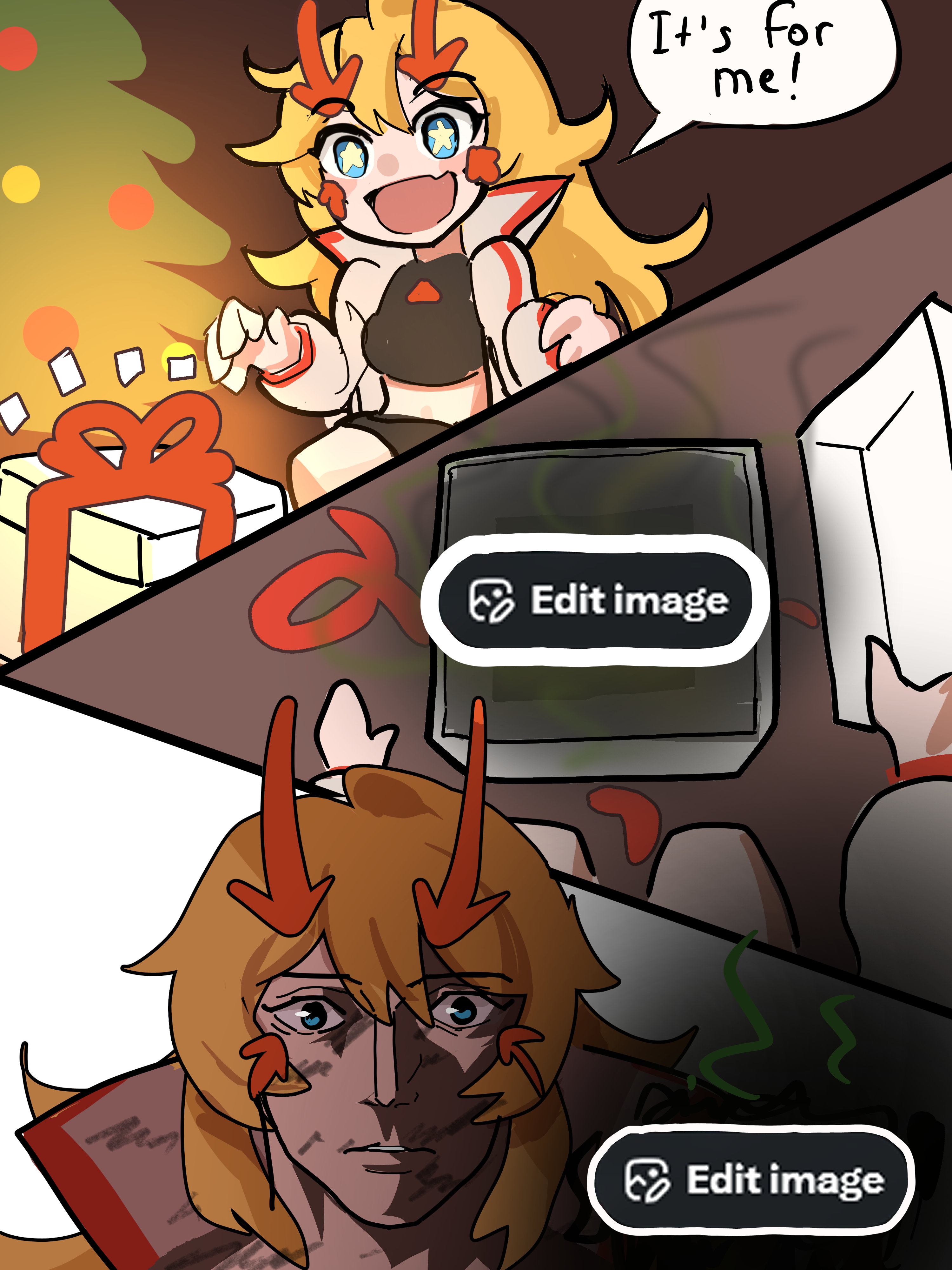 original, absurdres, commentary, highres, 1girl, :d, black shorts, blonde hair, blue eyes, christmas tree, david martinez stare (meme), dire illus, english text, gift, looking at object, looking at viewer, meme, multiple views, open gift, open mouth, parted lips, shorts, sleeveless, smile, star-shaped pupils, star (symbol), symbol-shaped pupils, twitter's edit image button, yellow pupils