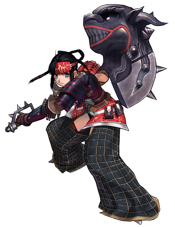 sakamoto mineji, capcom, monster hunter (series), 1girl, aqua eyes, armor, black hair, braid, female focus, fighting stance, gloves, hammer, headband, kuroobi (armor), lao-shan lung (armor), short hair, simple background, solo, weapon
