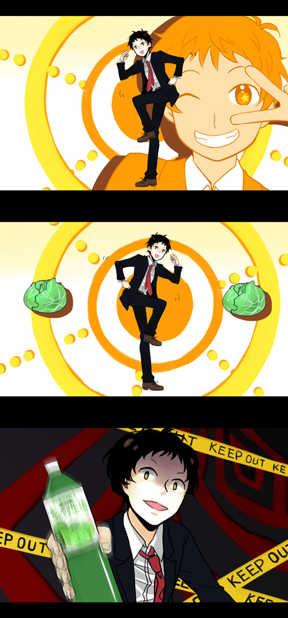 sunday31, adachi tooru, atlus, persona, persona 4, poppippoo (vocaloid), vocaloid, highres, spoilers, 1boy, black hair, bottle, business suit, cabbage, caution tape, close-up, crazy eyes, dancing, food, formal clothes, grin, happy, keep out, male focus, motion blur, necktie, one eye closed, parody, shoes, short hair, smile, solo, suit, v, vegetable juice, wink, yellow eyes
