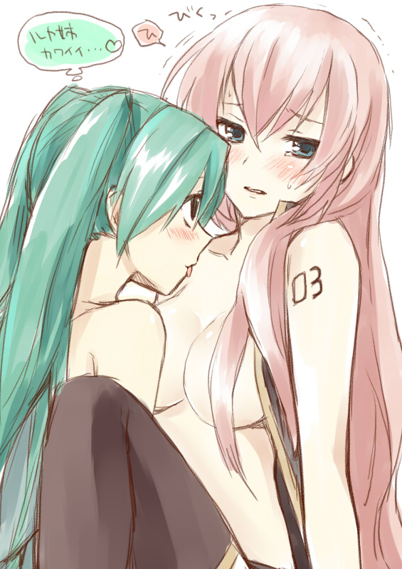 hijiki (hijikini), hijikini, hatsune miku, megurine luka, vocaloid, bad id, bad pixiv id, 2girls, aqua eyes, aqua hair, blush, breasts, censored, cleavage, convenient censoring, embarrassed, hair censor, hair over breasts, licking, long hair, multiple girls, open clothes, open shirt, pink hair, shirt, thighhighs, topless female, trembling, twintails, very long hair, yuri
