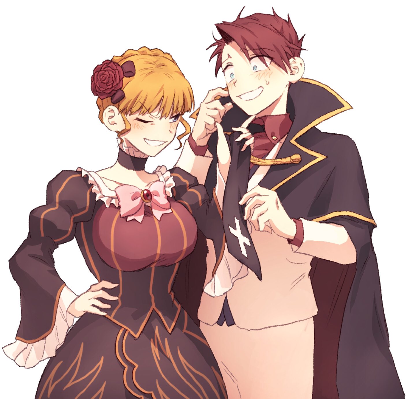 hswoimuxk0pwr0h (bbdan), beatrice (umineko), ushiromiya battler, umineko no naku koro ni, highres, 1boy, 1girl, black cape, black dress, black necktie, blonde hair, breasts, cape, clothes grab, collared shirt, constricted pupils, dress, flower, formal clothes, hair flower, hair ornament, hand on own hip, large breasts, necktie, necktie grab, neckwear grab, one eye closed, pants, pulling another's clothes, red flower, red hair, red rose, red shirt, rose, shirt, short hair, sidelocks, simple background, smile, standing, suit, sweatdrop, teeth, white background, white pants, white suit, wide-eyed