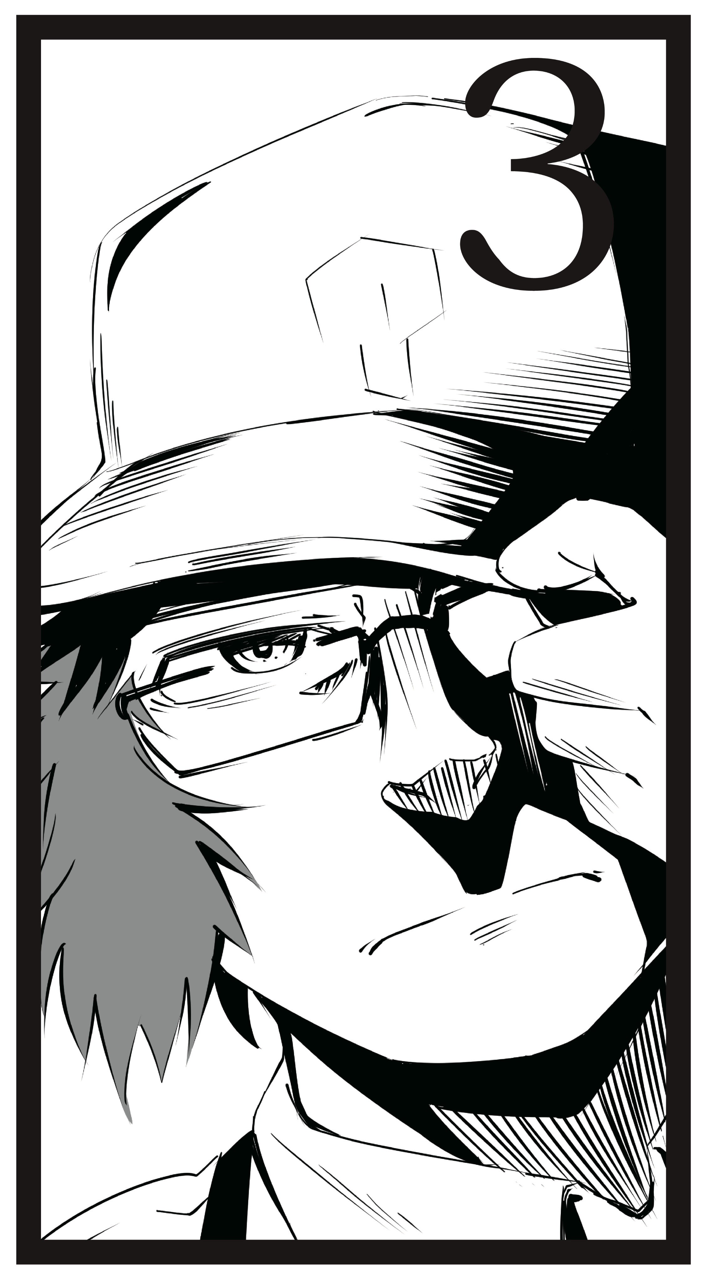 yakku, hashida itaru, science adventure, steins;gate, steins;gate 0, absurdres, commentary request, highres, 1boy, adjusting clothes, adjusting headwear, baseball cap, black border, border, dress shirt, frown, glasses, greyscale, hat, looking at viewer, male focus, monochrome, overalls, shirt, short hair, solo