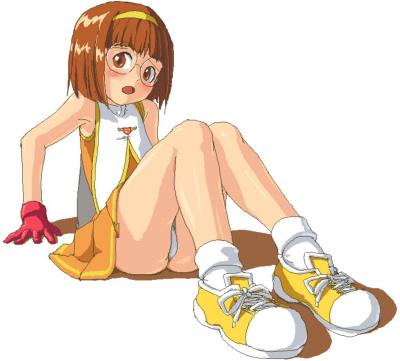 yanagisawa naoko, cardcaptor sakura, lowres, 1990s (style), 1girl, blush, brown eyes, brown hair, cheerleader, female focus, glasses, gloves, loli, looking at viewer, panties, pantyshot, red gloves, retro artstyle, short hair, simple background, sitting, solo, underwear, white background, white panties