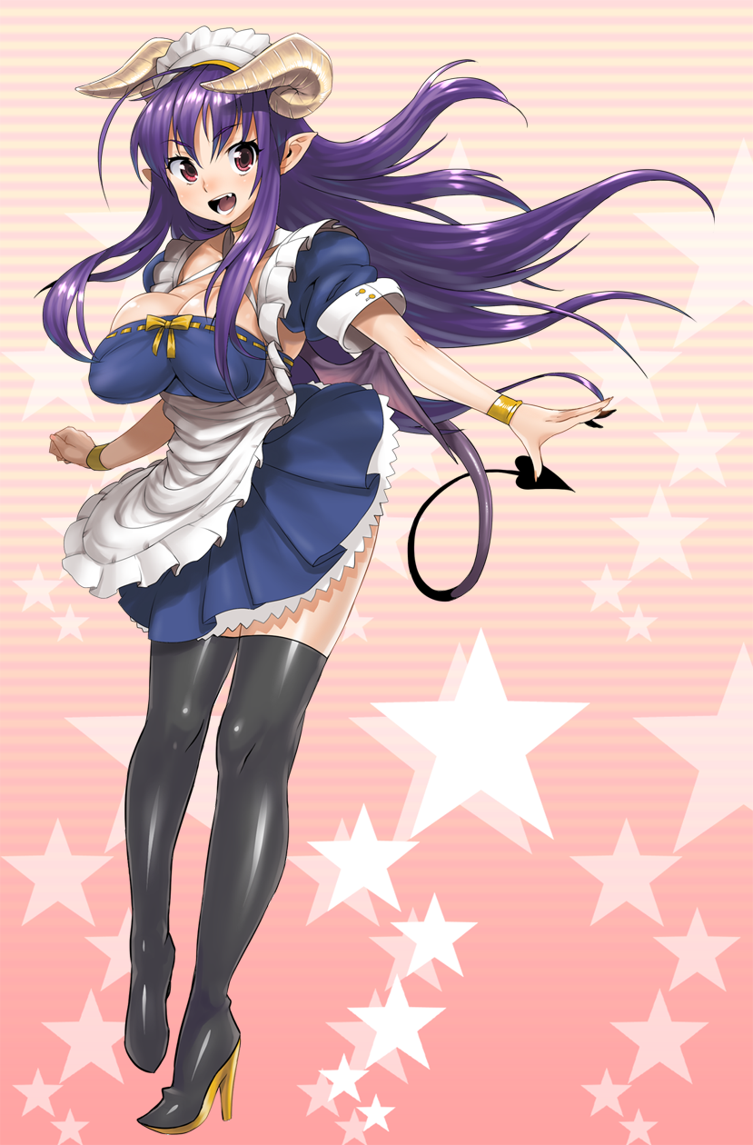 poporon, highres, 1girl, breasts, cleavage, demon tail, demon wings, elf, female focus, horns, large breasts, long hair, maid, pointy ears, purple hair, red eyes, solo, tail, thighhighs, wings