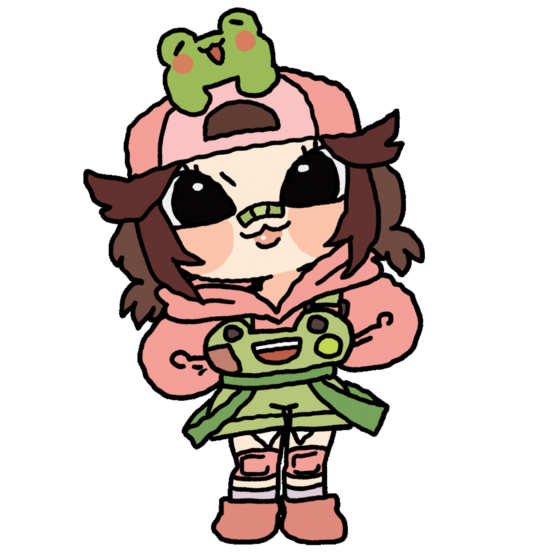bethy, indie virtual youtuber, animated, animated gif, commentary, commission, english commentary, highres, second-party source, 1girl, animal, animal on head, animal print, arms behind back, backwards hat, bandaid, bandaid on face, bandaid on nose, baseball cap, black eyes, blinking, blush, breasts, brown hair, chibi, frog, frog print, full body, green overalls, hat, hood, hood down, hoodie, knee pads, lips, looking at viewer, medium hair, on head, overalls, pink hat, pink hoodie, pink shoes, pink socks, shoes, smile, socks, solo, tarobee-chan, tomboy, transparent background, virtual youtuber