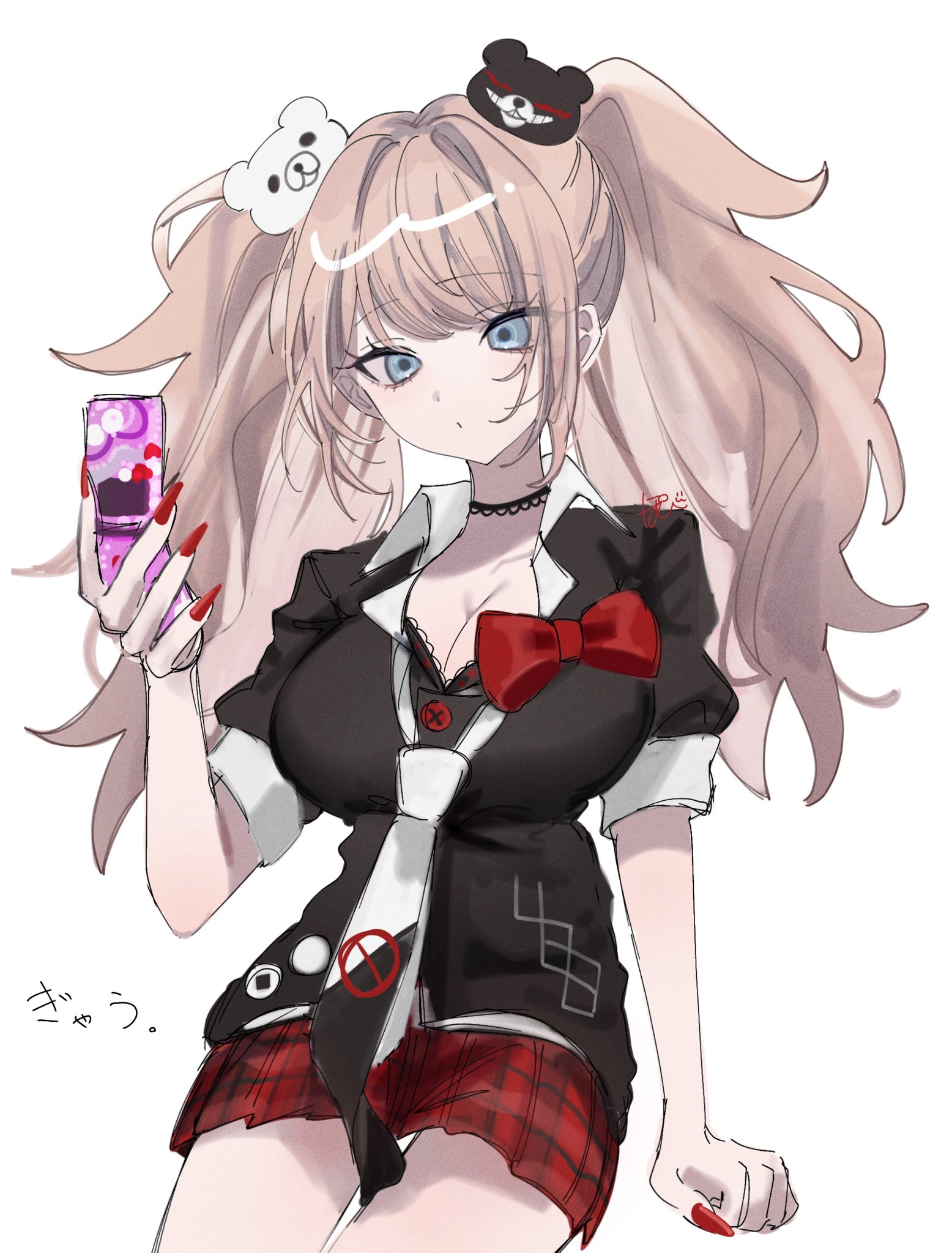 pote (pote 39), enoshima junko, danganronpa: trigger happy havoc, danganronpa (series), commentary request, highres, 1girl, bear hair ornament, black shirt, blonde hair, blue eyes, bow, breasts, choker, cleavage, closed mouth, collarbone, hair ornament, large breasts, long hair, looking at viewer, nail polish, necktie, red bow, red nails, red skirt, shirt, shirt bow, skirt, smile, solo, twintails, two-tone necktie, white necktie