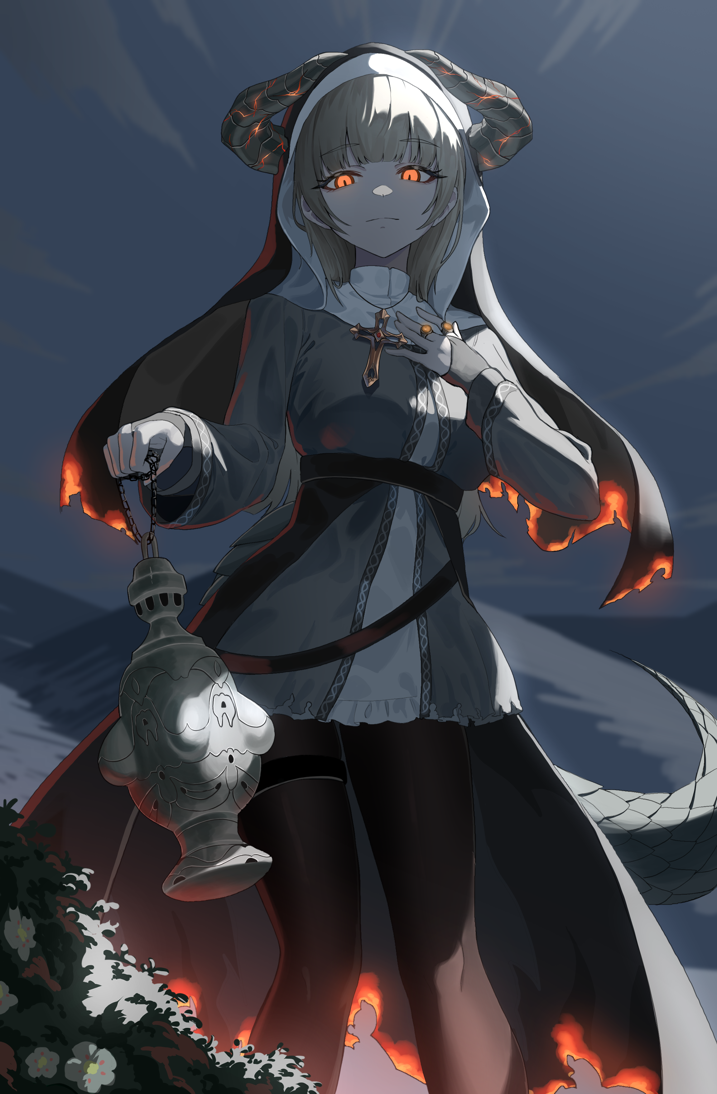 natoriusu sansei, original, absurdres, commentary request, commission, highres, pixiv commission, 1girl, black gloves, black horns, black pantyhose, black veil, breasts, bridal gauntlets, burning clothes, closed mouth, cross, cross necklace, dragon girl, dragon horns, dragon tail, dress, flower, from below, gloves, glowing, glowing eyes, glowing horns, gold cross, grey dress, grey hair, hand on own chest, hand up, high-low dress, holding, holding weapon, horns, jewelry, large breasts, long hair, long sleeves, looking at viewer, mountainous horizon, multiple rings, necklace, night, nun, orange eyes, outdoors, pantyhose, plant, ring, short dress, sidelocks, slit pupils, solo, strap, tail, thigh strap, thighs, veil, very long hair, weapon