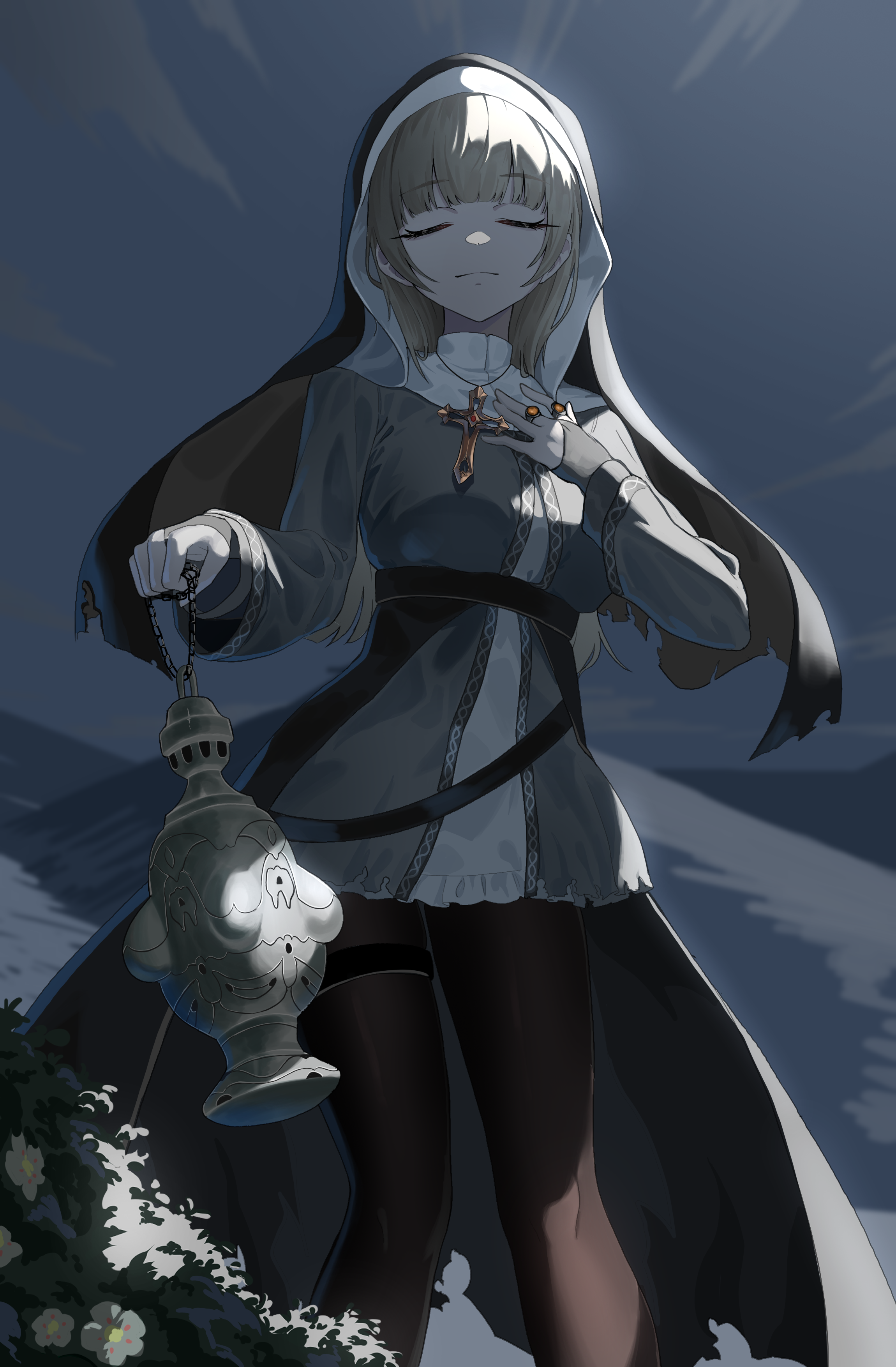natoriusu sansei, original, absurdres, commentary request, commission, highres, pixiv commission, 1girl, black gloves, black pantyhose, black veil, breasts, bridal gauntlets, closed eyes, closed mouth, cross, cross necklace, dress, facing viewer, flower, from below, gloves, gold cross, grey dress, grey hair, hand on own chest, hand up, high-low dress, holding, holding weapon, jewelry, large breasts, long hair, long sleeves, mountainous horizon, multiple rings, necklace, night, nun, outdoors, pantyhose, plant, ring, short dress, sidelocks, solo, strap, thigh strap, thighs, veil, very long hair, weapon