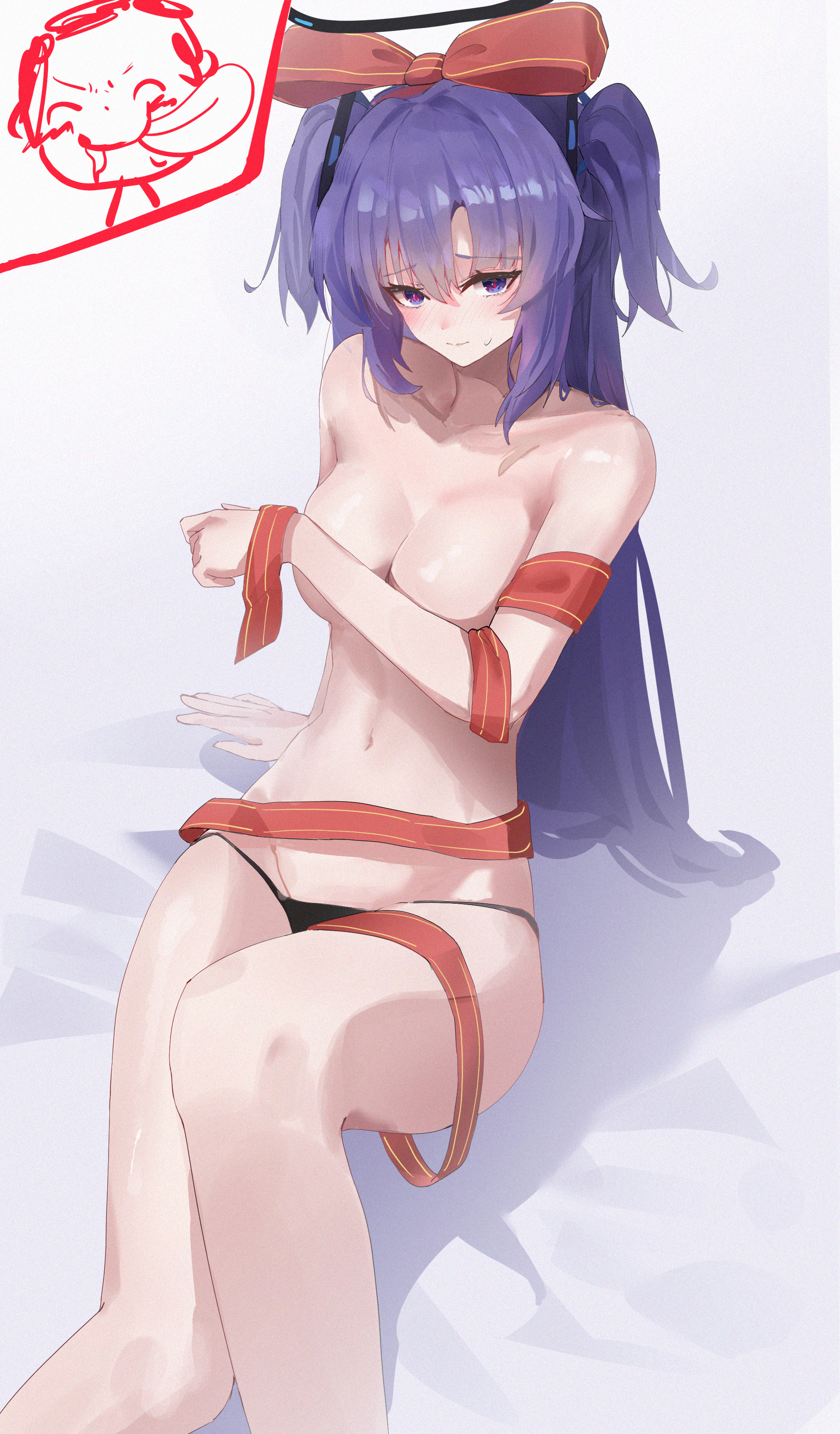 nonoka7221, doodle sensei (blue archive), sensei (blue archive), yuuka (blue archive), blue archive, absurdres, commentary request, highres, 1boy, 1girl, :p, arm support, bare shoulders, black panties, blush, bow, breasts, cleavage, closed mouth, collarbone, covering breasts, covering nipples, covering privates, drooling, feet out of frame, gift, hair between eyes, hair bow, hair ornament, halo, large bow, large breasts, long hair, looking at viewer, mechanical halo, merry christmas, multicolored eyes, naked ribbon, navel, panties, purple eyes, purple hair, red pupils, red ribbon, ribbon, ribbon hair, simple background, sitting, sweatdrop, thighs, tongue, tongue out, topless female, triangle hair ornament, twintails, two-tone eyes, two side up, underwear, white background