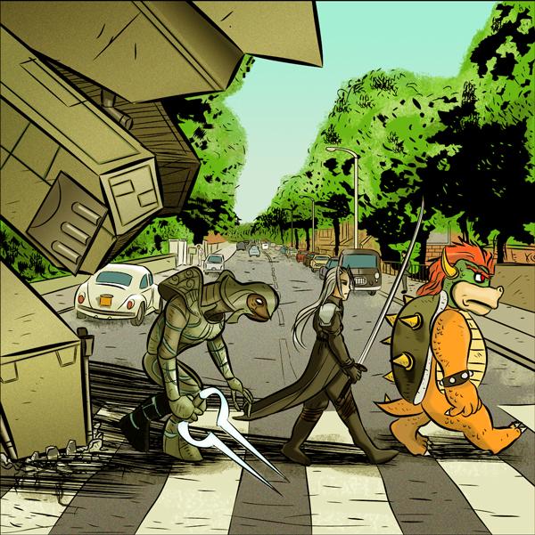arbiter, bowser, metal gear rex, sephiroth, abbey road, final fantasy, final fantasy vii, halo (game), halo (series), mario (series), metal gear (series), metal gear solid, nintendo, super mario bros. 1, the beatles, volkswagen, derivative work, 1boy, album cover, album cover redraw, car, cover, crossover, crosswalk, energy sword, katana, mecha, motor vehicle, multiple crossover, non-humanoid robot, parody, road, robot, shell, spikes, street, sword, vanishing point, volkswagen beetle, walker (robot), walking, weapon