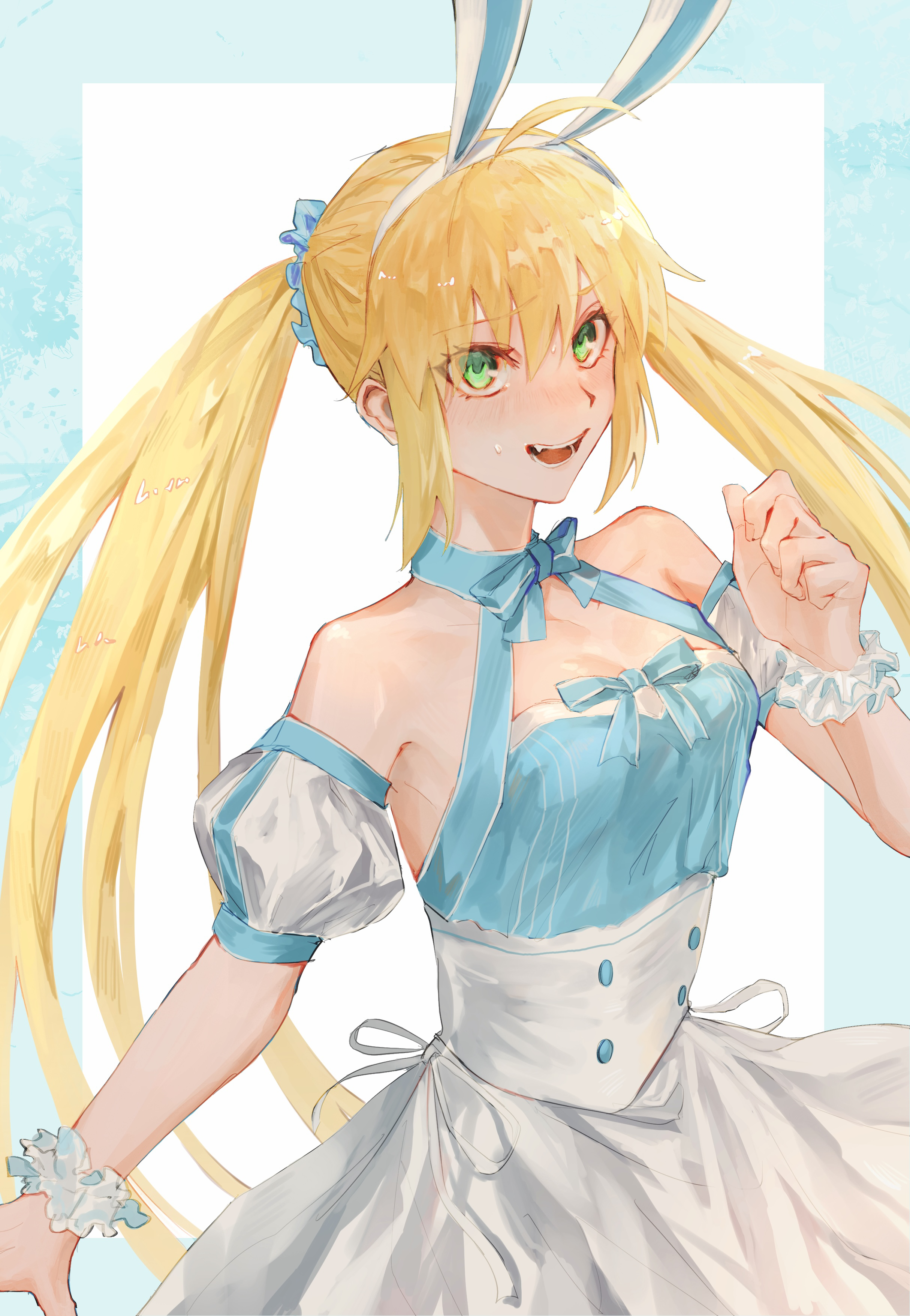 umeboitarou, artoria caster (fate), artoria pendragon (fate), fate/grand order, fate (series), absurdres, commentary request, highres, 1girl, animal ear hairband, animal ears, blonde hair, blue border, blue bow, border, bow, breasts, cleavage, detached sleeves, dress, eyelashes, fake animal ears, green eyes, hair between eyes, hairband, long hair, looking at viewer, rabbit ear hairband, rabbit ears, solo, wrist cuffs