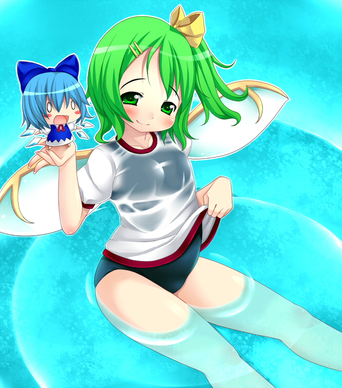 kuro minamo, cirno, daiyousei, embodiment of scarlet devil, touhou, bad id, bad pixiv id, 2girls, blue hair, bow, chibi, green eyes, green hair, hair bow, multiple girls, one-piece swimsuit, ponytail, short hair, side ponytail, swimsuit, swimsuit under clothes, wings