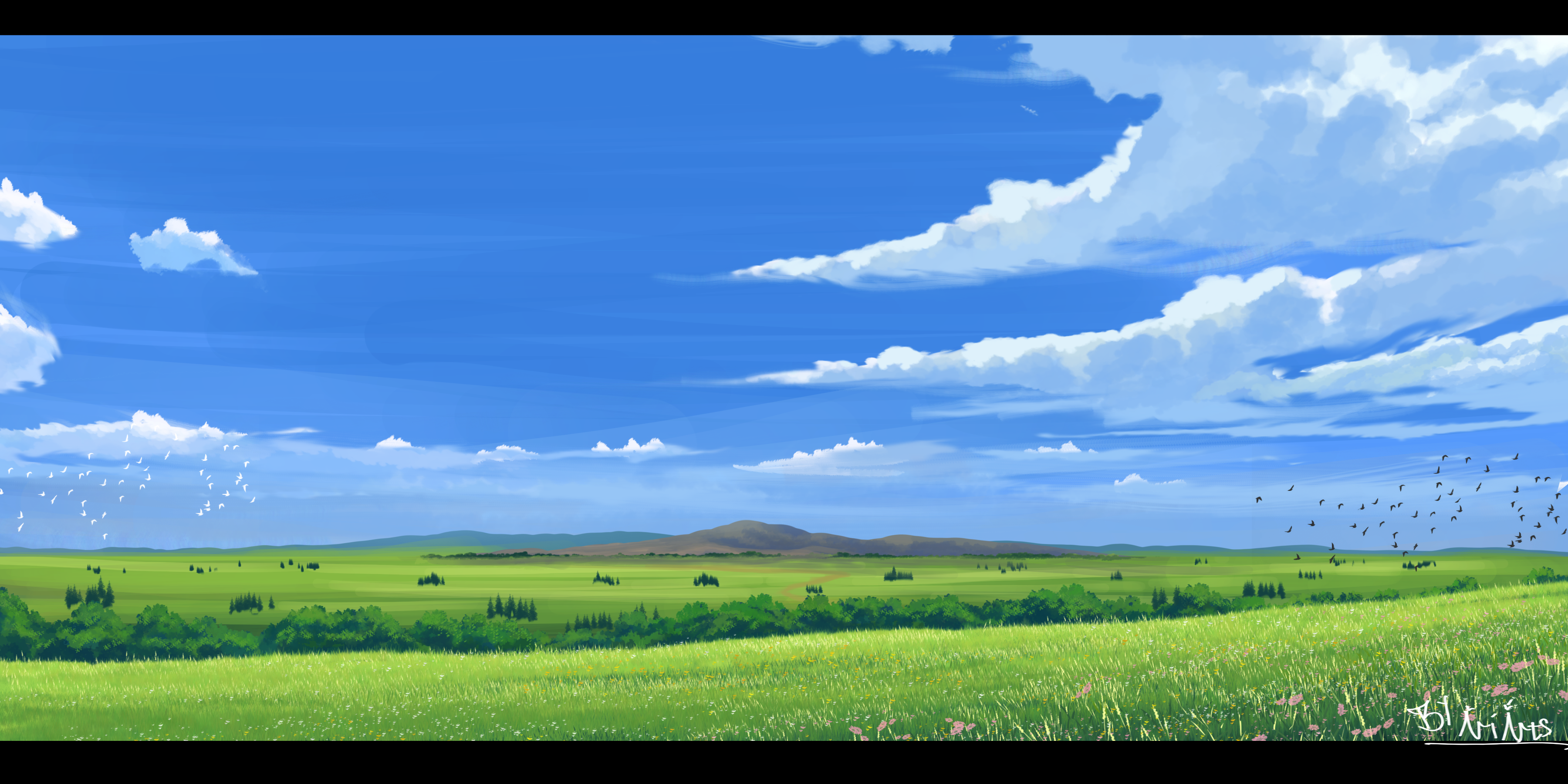 original, absurdres, commentary, english commentary, highres, ariarts, blue sky, cloud, day, flock, grass, horizon, landscape, letterboxed, meadow, no humans, outdoors, scenery, signature, simple bird, sky, tree