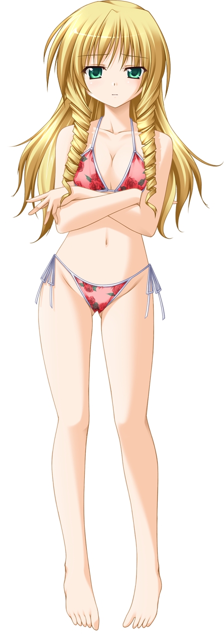 highres, 1girl, barefoot, bikini, blonde hair, breasts, cleavage, crossed arms, drill hair, female focus, green eyes, large breasts, long hair, solo, swimsuit, white background