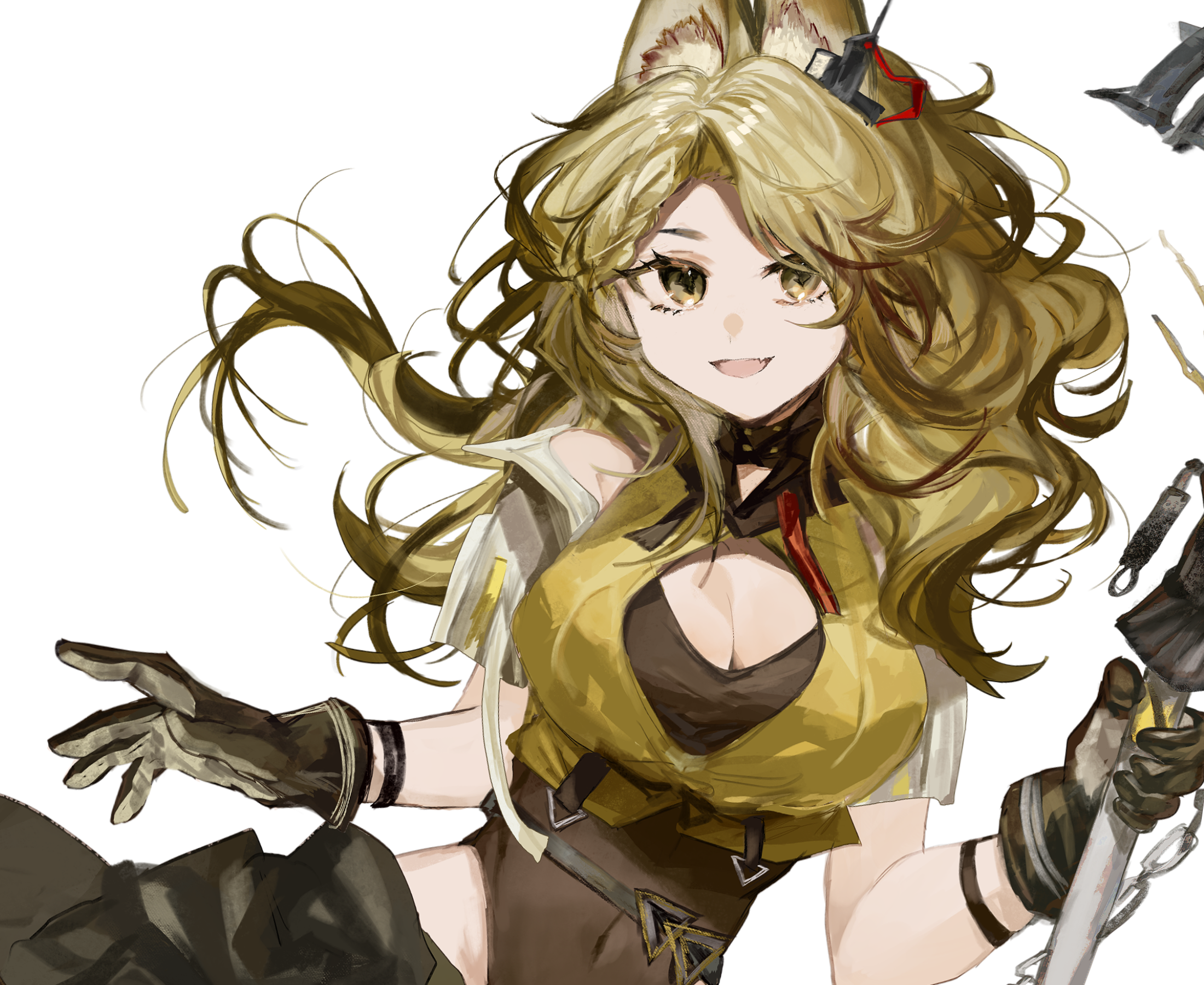 fumi (rdbm), quercus (arknights), arknights, commentary request, highres, 1girl, :d, animal ears, brown eyes, brown gloves, brown hair, cat ears, cat girl, cleavage cutout, clothing cutout, gloves, holding, holding staff, long hair, looking at viewer, open mouth, simple background, smile, solo, staff, white background