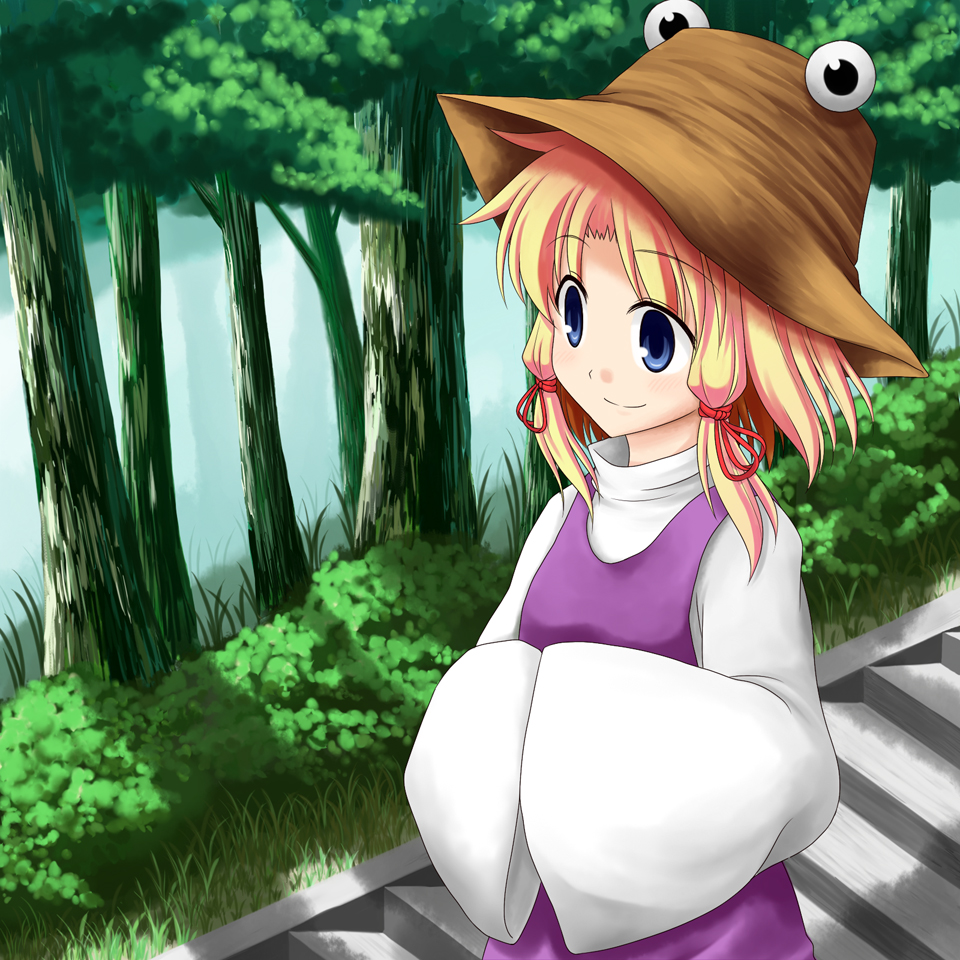 bluepony, moriya suwako, touhou, 1girl, blonde hair, blue eyes, female focus, flat chest, forest, hair ribbon, hands in opposite sleeves, hat, nature, ribbon, short hair, smile, solo, stairs, tree