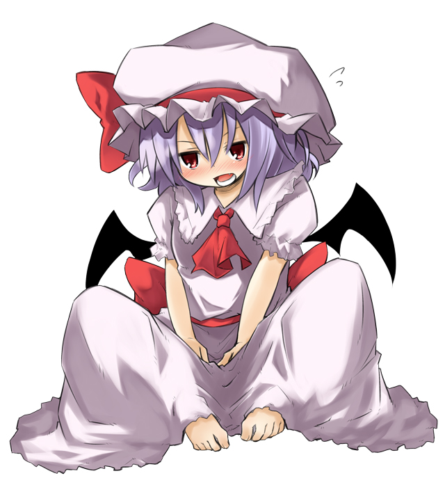 mukunoki nanatsu, nanatsu, remilia scarlet, touhou, light purple hair, bad id, bad pixiv id, 1girl, barefoot, bat wings, feet, female focus, hat, red eyes, short hair, solo, wings