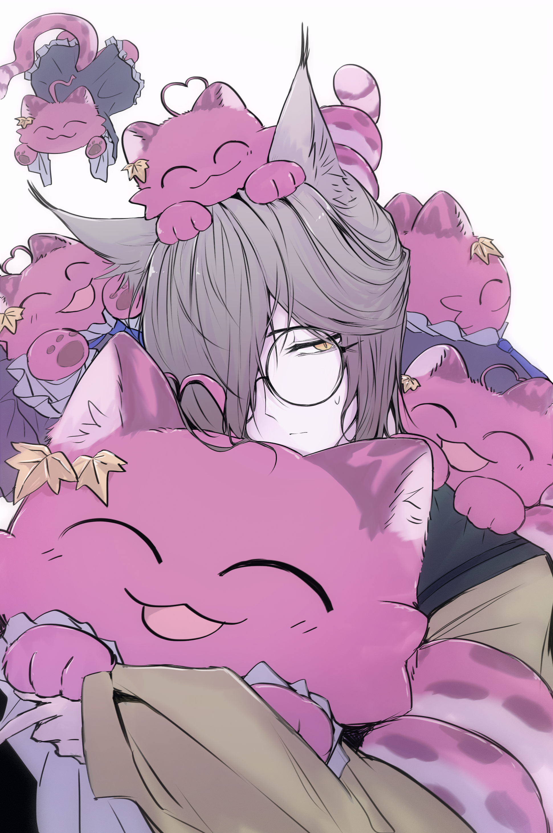 p (hgdsisd), phantom (arknights), arknights, absurdres, commentary request, highres, 1boy, ^ ^, ahoge, alternate costume, animal, animal ear fluff, animal ears, animal on head, animalization, bespectacled, brown hair, brown jacket, cat, cat ears, closed eyes, frown, glasses, hair over one eye, heart, heart ahoge, holding, holding animal, jacket, looking at viewer, male focus, on head, pink cat, simple background, tragodia (npc) (arknights), white background, yellow eyes