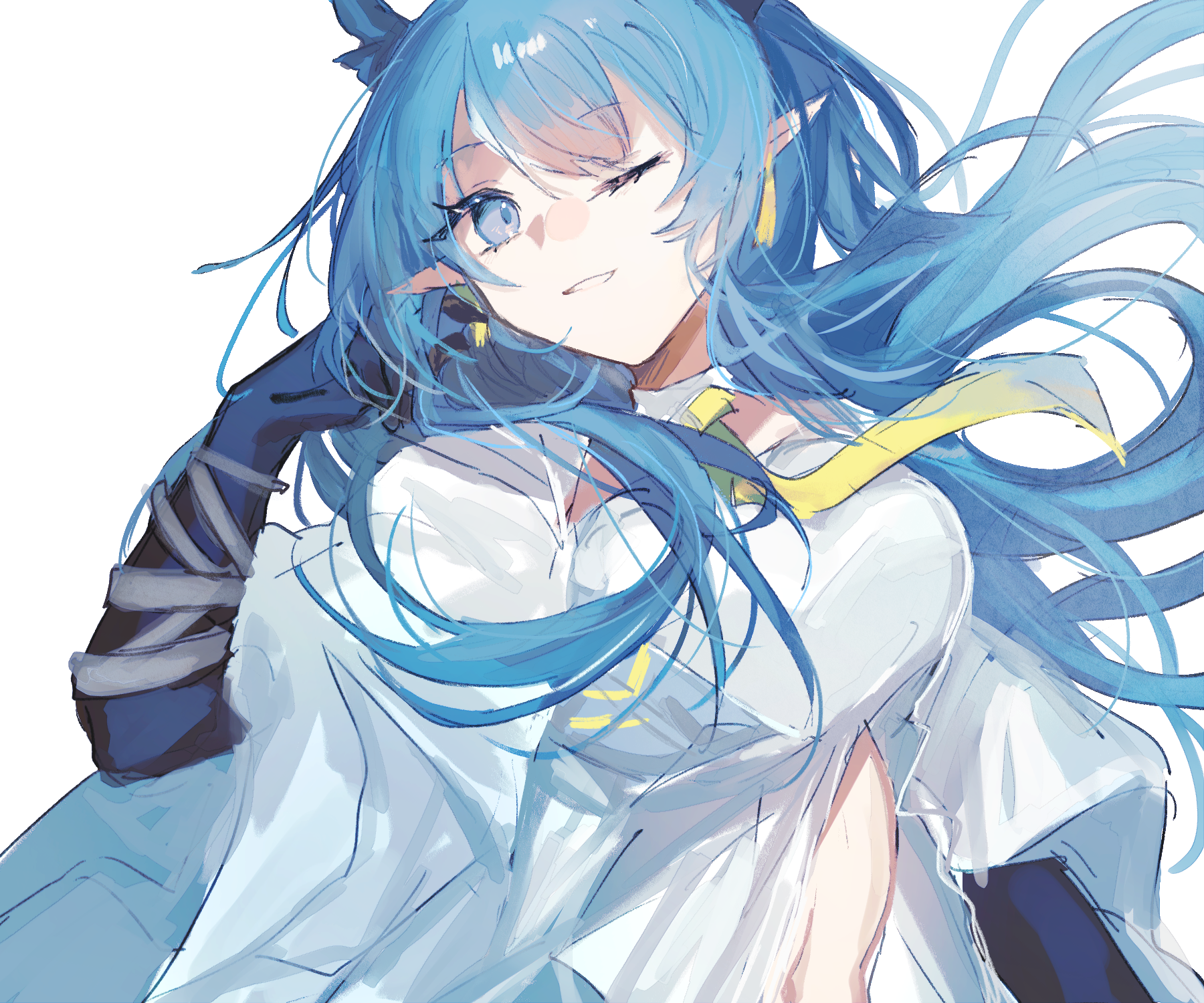 fumi (rdbm), ling (arknights), arknights, commentary request, highres, 1girl, blue eyes, blue hair, blue hands, breasts, dragon girl, dragon horns, earrings, grin, horns, jewelry, long hair, looking at viewer, necktie, one eye closed, pointy ears, simple background, smile, solo, white background, yellow necktie