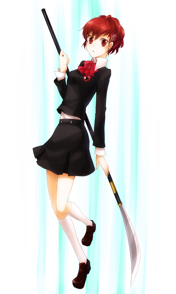 minne, shiomi kotone, atlus, persona, persona 3, persona 3 portable, 1girl, bow, brown hair, female focus, hair ornament, hairclip, naginata, polearm, red eyes, school uniform, short hair, skirt, socks, solo, weapon