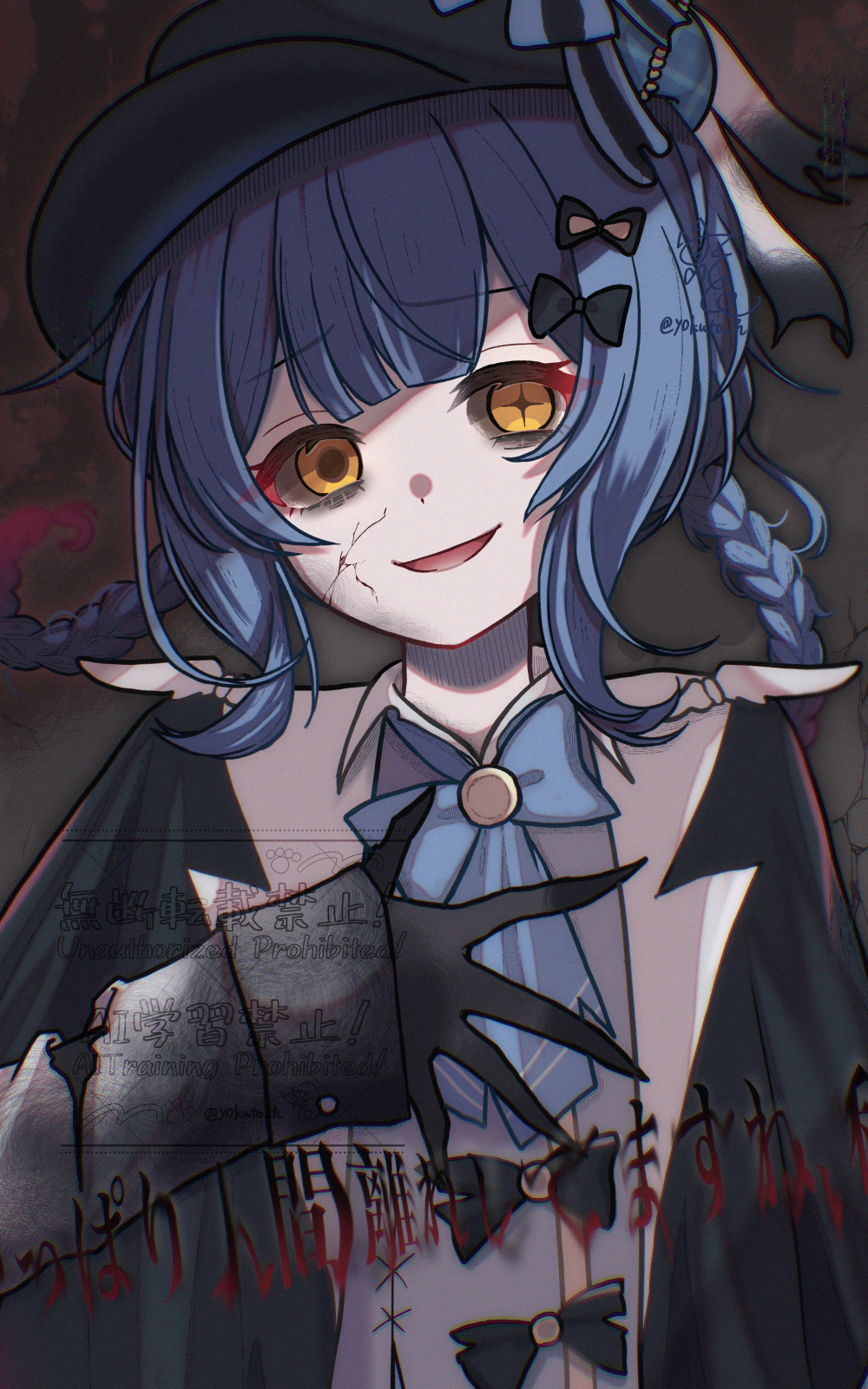 yokuto, tachibana sherry, mahou shoujo no majo saiban, commentary request, highres, spoilers, translation request, 1girl, black bow, black capelet, black hands, black hat, black sclera, blue hair, blue necktie, bow, braid, braided hair rings, capelet, colored extremities, colored sclera, cracked skin, deerstalker, grey background, hair bow, hair rings, hand on own chest, hat, long sleeves, looking at viewer, mismatched pupils, necktie, open mouth, short hair, smile, solo, upper body, witch (manosaba), yellow eyes