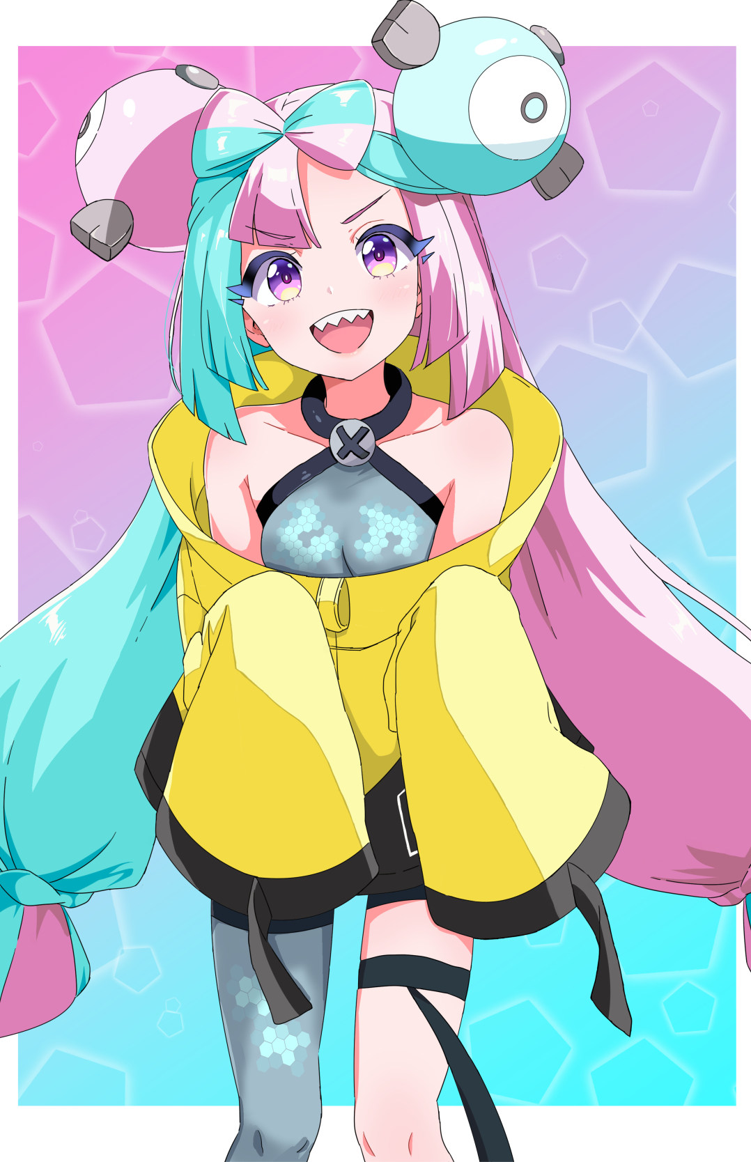 tarokichi, iono (pokemon), nintendo, pokemon, pokemon sv, commentary request, highres, 1girl, :d, bow-shaped hair, breasts, character hair ornament, collarbone, grey shirt, hair ornament, happy, jacket, knees, long hair, looking at viewer, multicolored hair, open mouth, purple eyes, shirt, single leg pantyhose, sleeveless, sleeveless shirt, sleeves past fingers, sleeves past wrists, smile, solo, teeth, thigh strap, twintails, two-tone hair, upper teeth only, yellow jacket