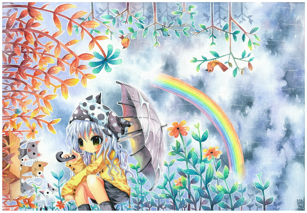 emperpep, silver hair, painting (medium), traditional media, watercolor (medium), > <, 1girl, :<, bird, blush, box, cardboard box, cat, closed eyes, female focus, for adoption, green eyes, hat, nature, outdoors, rain, rainbow, sky, solo, umbrella
