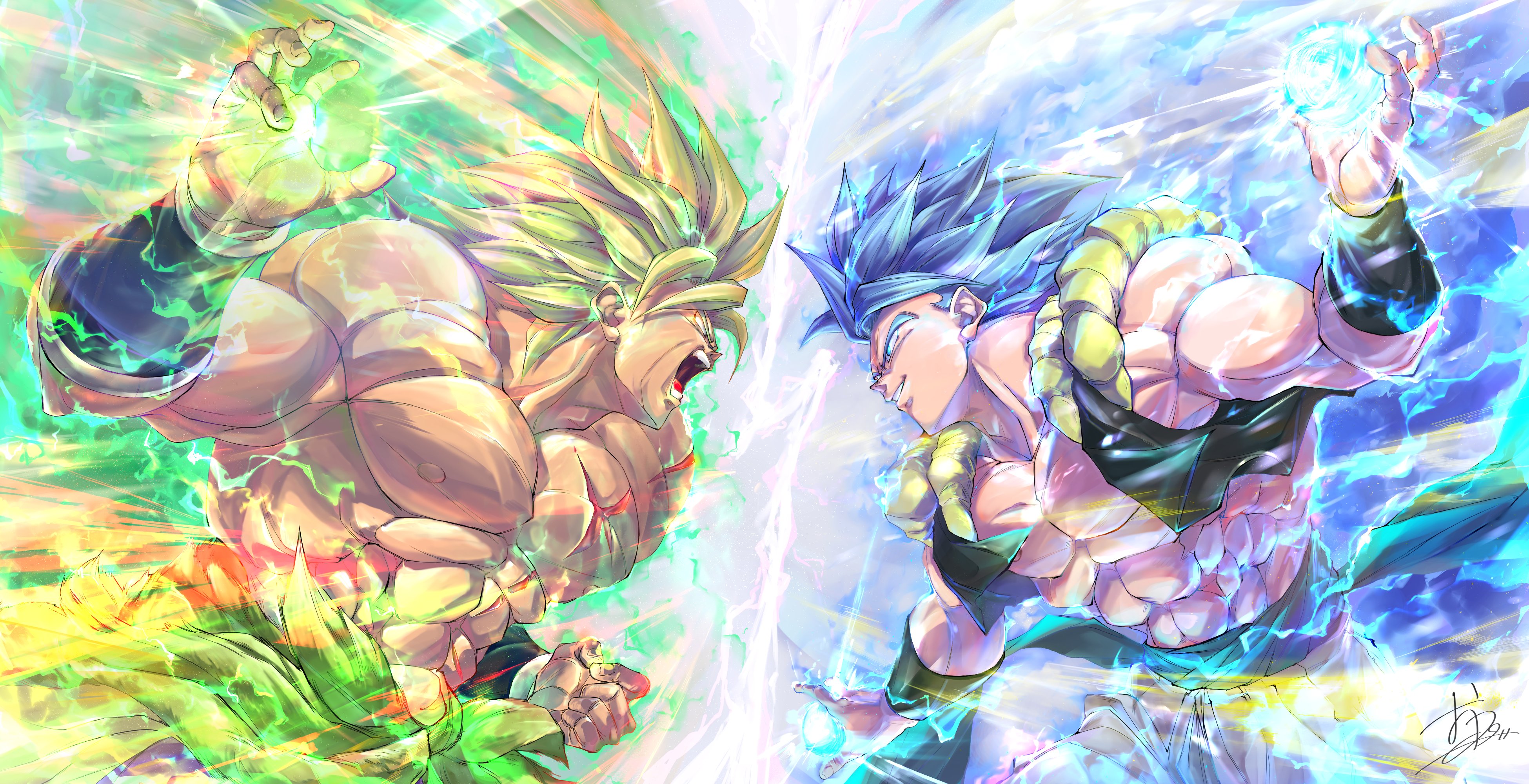ota ta999, broly (dragon ball super), dragon ball, dragon ball super, dragon ball super broly, absurdres, commentary, english commentary, highres, 2boys, aura, battle, black vest, blue eyes, blue hair, blue sash, cowboy shot, cropped vest, energy ball, from side, green hair, legendary super saiyan, male focus, medium hair, metamoran vest, multiple boys, muscular, muscular male, no shirt, open mouth, pants, sash, scar, scar on chest, smirk, spiked hair, super saiyan, super saiyan blue, topless male, vest, white pants