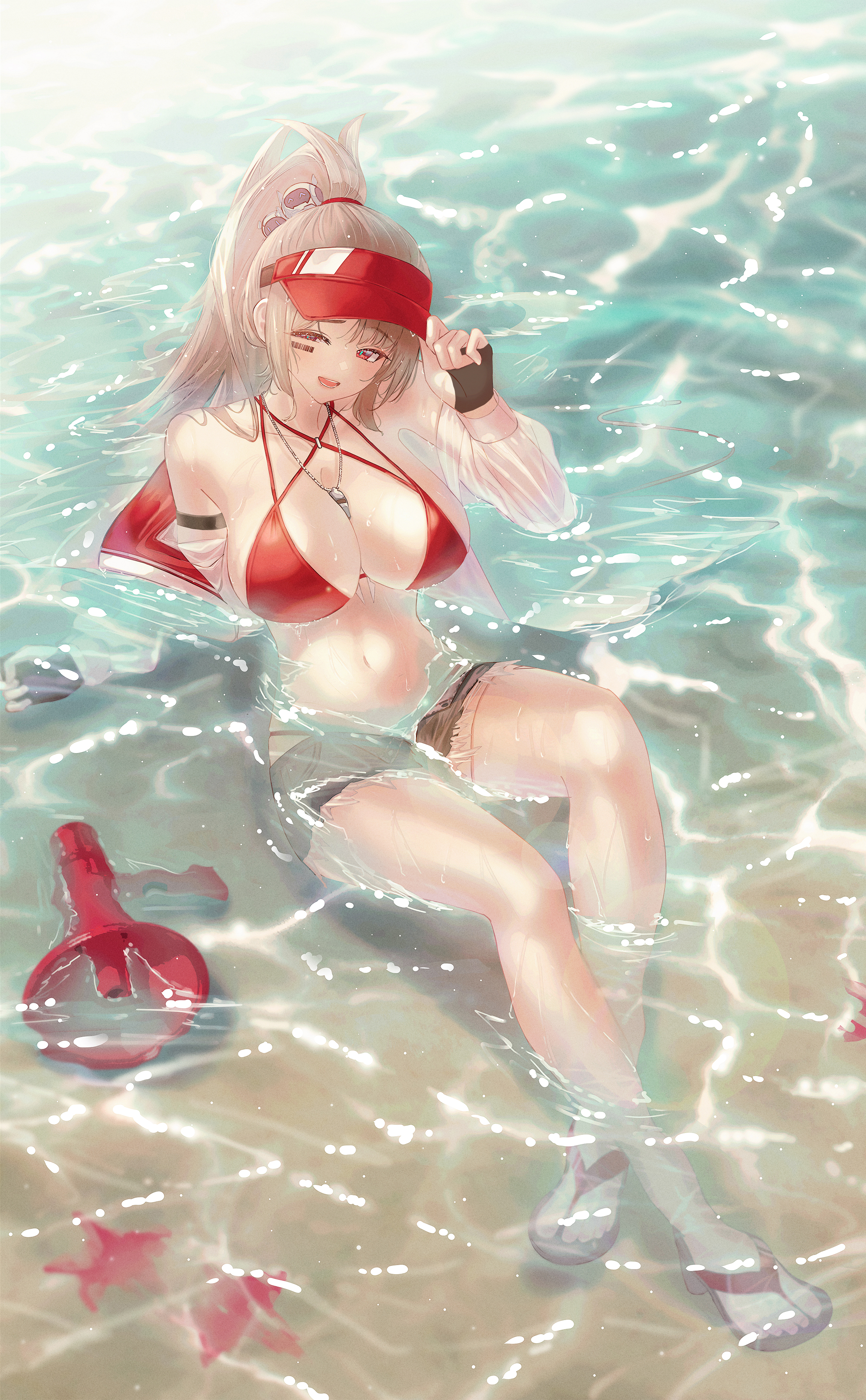 setora q, dungeon and fighter, absurdres, commentary, highres, symbol-only commentary, 1girl, beach, bikini, breasts, hat, high ponytail, large breasts, ocean, one eye closed, open mouth, ponytail, red bikini, red eyes, red hat, sandals, sitting, solo, starfish, swimsuit, wading, wet, wet clothes