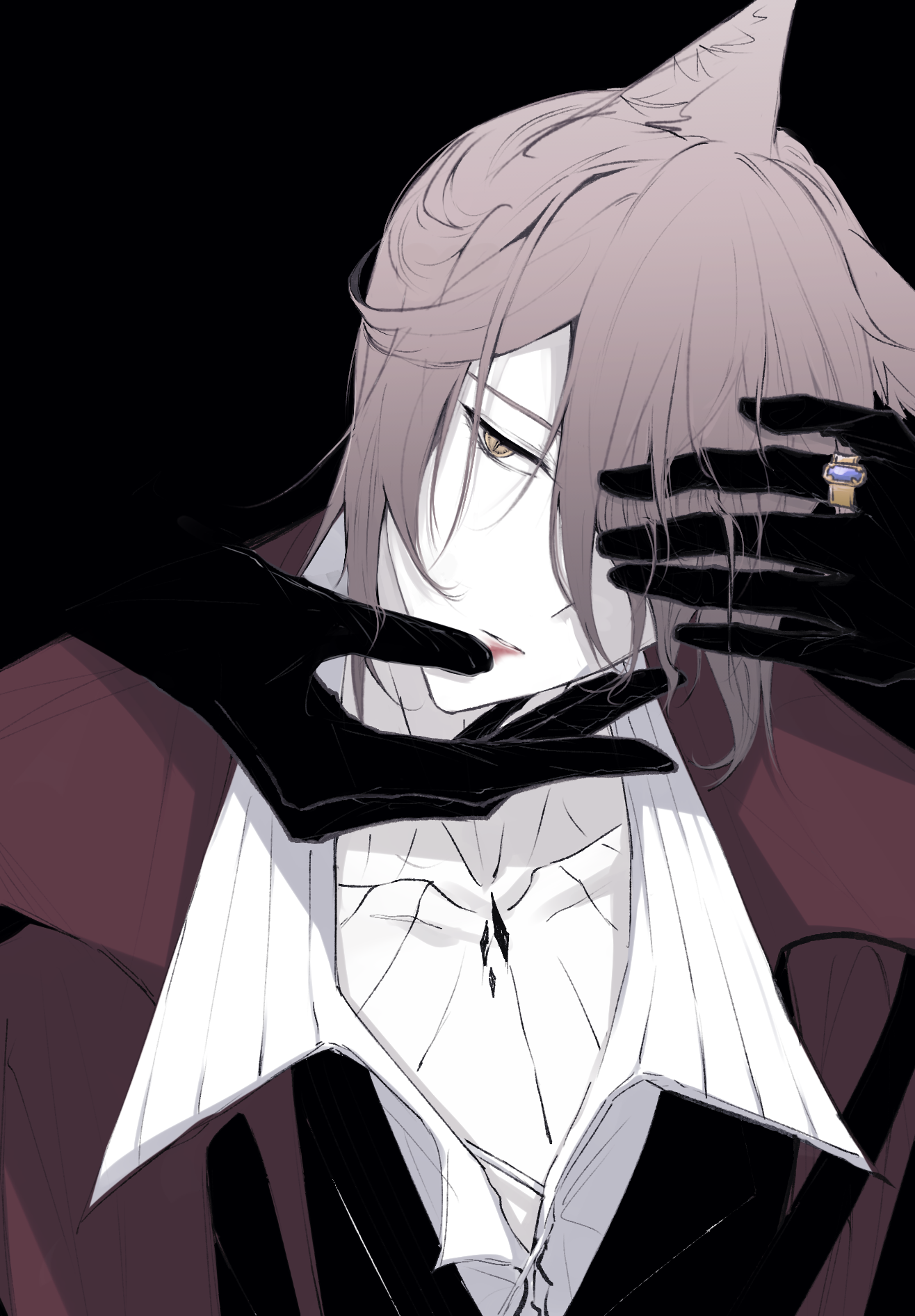 p (hgdsisd), phantom (arknights), phantom (focus) (arknights), arknights, commentary request, highres, 1boy, animal ear fluff, animal ears, black gloves, blending, brown hair, collared shirt, gloves, hair over one eye, implied yaoi, jacket, looking to the side, makeup, male focus, material growth, oripathy lesion (arknights), red jacket, runny makeup, shirt, short hair, white shirt