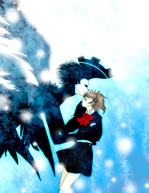 shara0136, mochizuki ryouji, nyx avatar, shiomi kotone, atlus, persona, persona 3, persona 3 portable, 2girls, bow, brown hair, closed eyes, couple, hair ornament, hairclip, hetero, kiss, multiple girls, school uniform, skirt