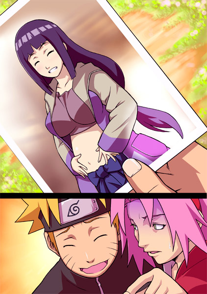 sahara wataru, haruno sakura, hyuuga hinata, uzumaki naruto, naruto (classic), naruto (series), 1boy, 2girls, belly, blonde hair, blush, breasts, closed eyes, crop top, grin, happy, headband, jacket, large breasts, long hair, midriff, multiple girls, nervous, photo (object), pink hair, pointing, pregnant, purple hair, smile, turn pale