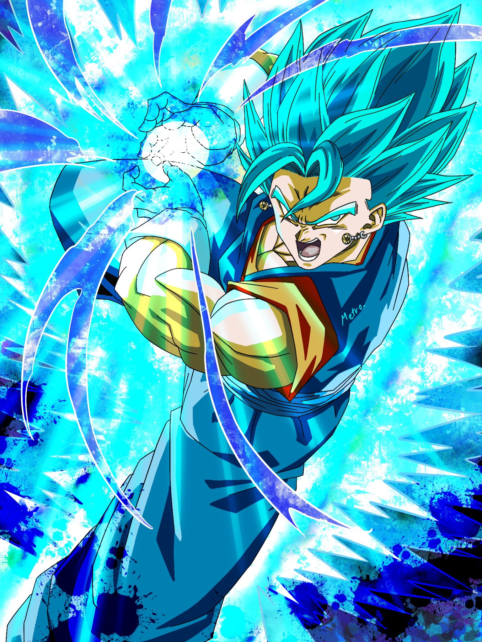 yamuchasiyagatte, vegetto, dragon ball, dragon ball super, commentary request, highres, 1boy, aura, blue eyes, blue hair, blue pants, blue sash, blue shirt, dougi, earrings, energy ball, gloves, jewelry, kamehameha (dragon ball), male focus, open mouth, orange shirt, pants, potara earrings, powering up, sash, shirt, solo, super saiyan, super saiyan blue, white gloves