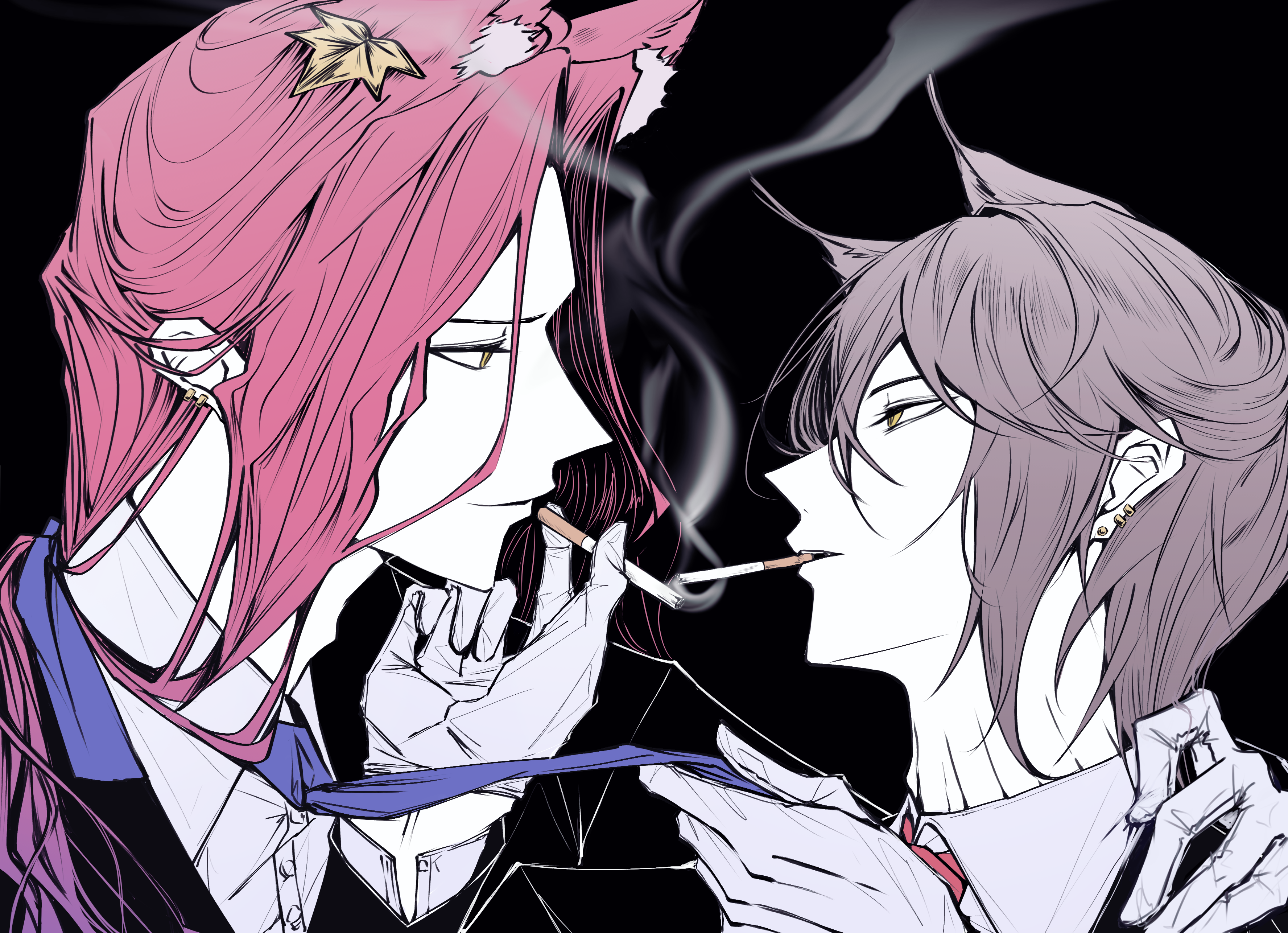 p (hgdsisd), phantom (arknights), arknights, absurdres, commentary request, highres, 2boys, animal ear fluff, animal ears, black background, black jacket, blue necktie, cat ears, cigarette, cigarette kiss, clothes grab, earrings, gloves, gradient hair, hair ornament, half-closed eyes, hand on another's shoulder, jacket, jewelry, leaf hair ornament, long hair, male focus, material growth, multicolored hair, multiple boys, necktie, necktie grab, neckwear grab, oripathy lesion (arknights), pink hair, purple hair, sidelocks, simple background, smoke, tragodia (npc) (arknights), white gloves, yaoi, yellow eyes