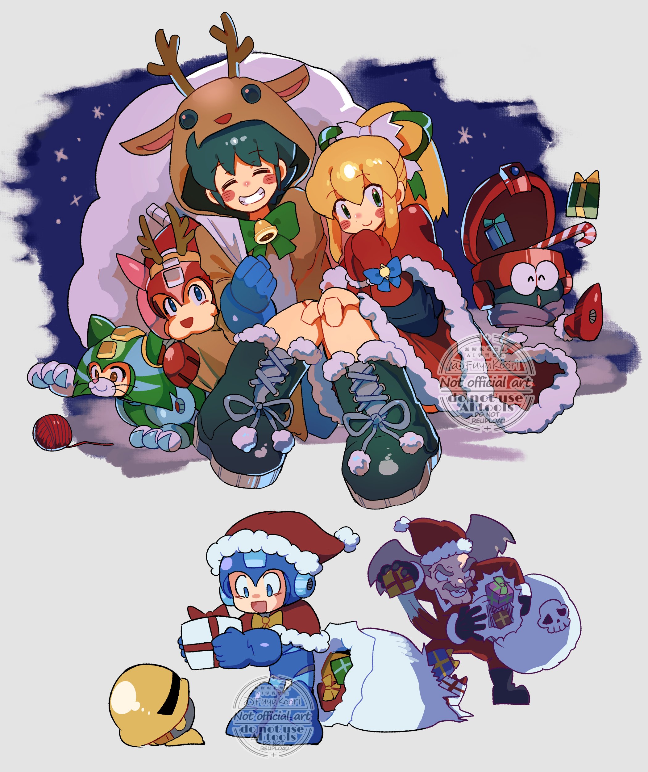 srnhuyuno, dr. wily (mega man), eddie (mega man), mega man (character), met (mega man), roll (mega man), rush (mega man), tango (mega man), mega man (classic), mega man (series), absurdres, commentary request, highres, 1girl, 2boys, animal costume, black hair, blonde hair, blue helmet, blush stickers, cape, dress, group picture, hat, helmet, high ponytail, long hair, multiple boys, non-humanoid robot, ponytail, red cape, red dress, red hat, reindeer costume, robot, robot animal, robot cat, robot dog, santa costume, santa dress, santa hat, short hair, watermark
