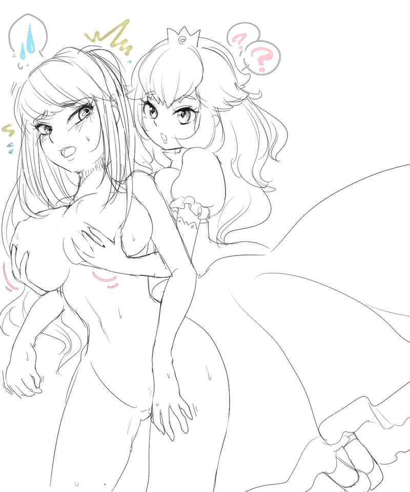 yukimimi, princess peach, samus aran, mario (series), metroid, nintendo, super smash bros., 2girls, ?, blush, breast envy, breasts, clothed female nude female, crown, dress, elbow gloves, gloves, grabbing another's breast, groping, huge breasts, long hair, monochrome, multiple girls, nude, ponytail, sweat, very long hair, yuri, zero suit