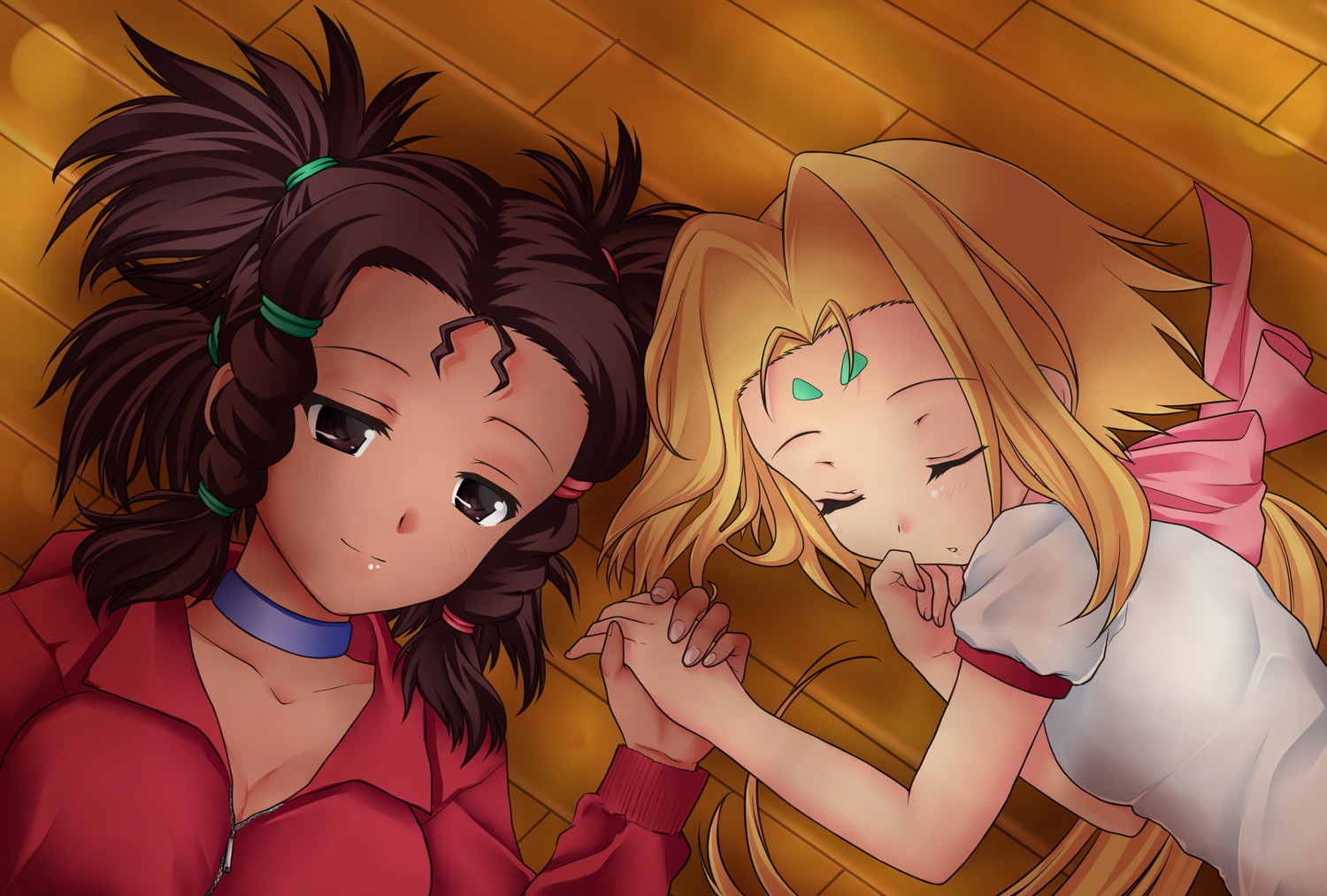 467 (artist), fiona (zoids), moonbay, zoids, zoids chaotic century, bad id, bad pixiv id, 2girls, blonde hair, bow, braid, breasts, brown eyes, choker, cleavage, closed eyes, dark-skinned female, dark skin, facial mark, hair bow, holding hands, lying, multiple girls, sleeping