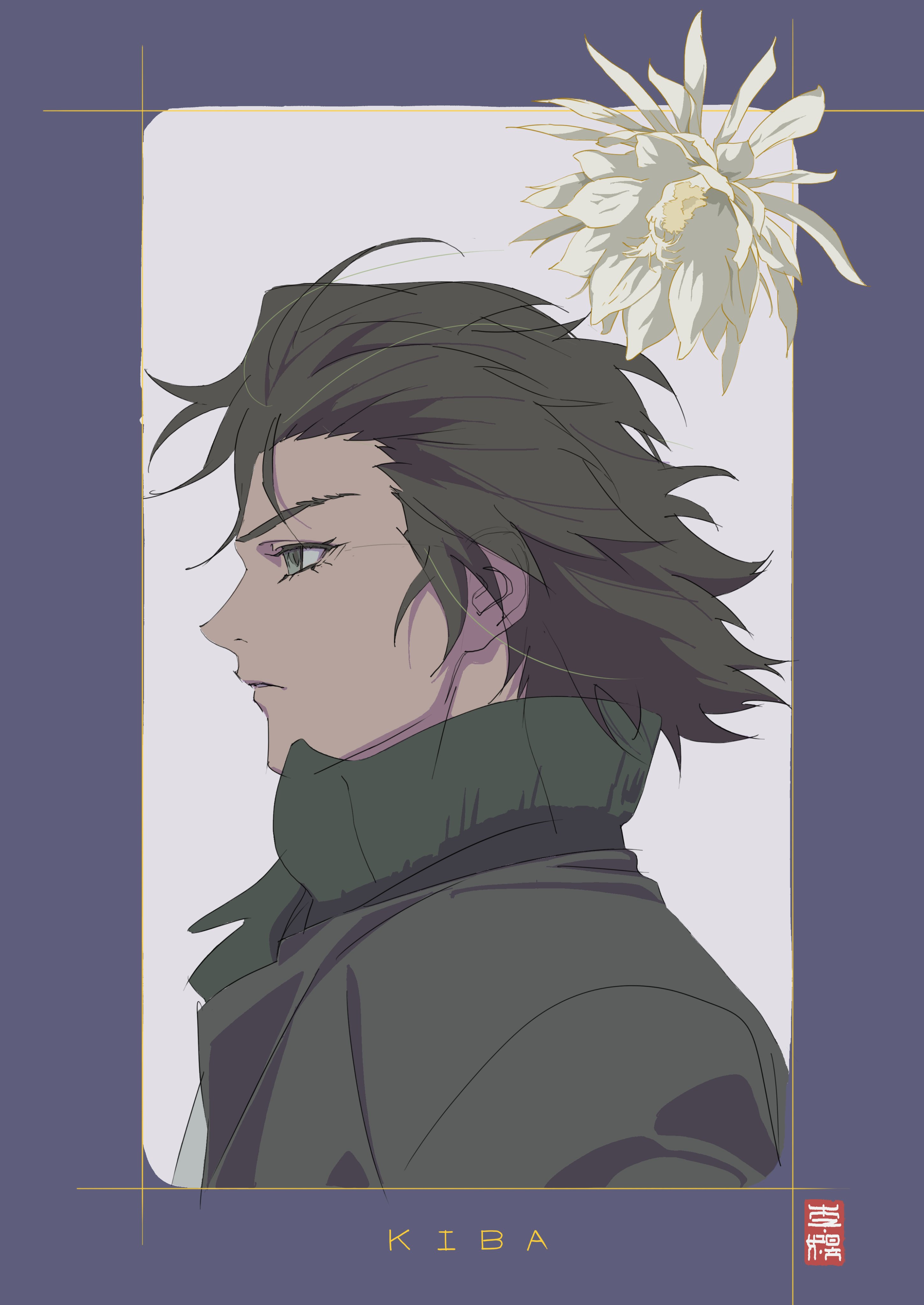 minisky01, kiba, wolf's rain, absurdres, commentary, english commentary, highres, 1boy, border, brown hair, copyright name, flower, from side, grey eyes, jacket, male focus, messy hair, parted lips, profile, purple border, short hair, solo, upper body, white flower