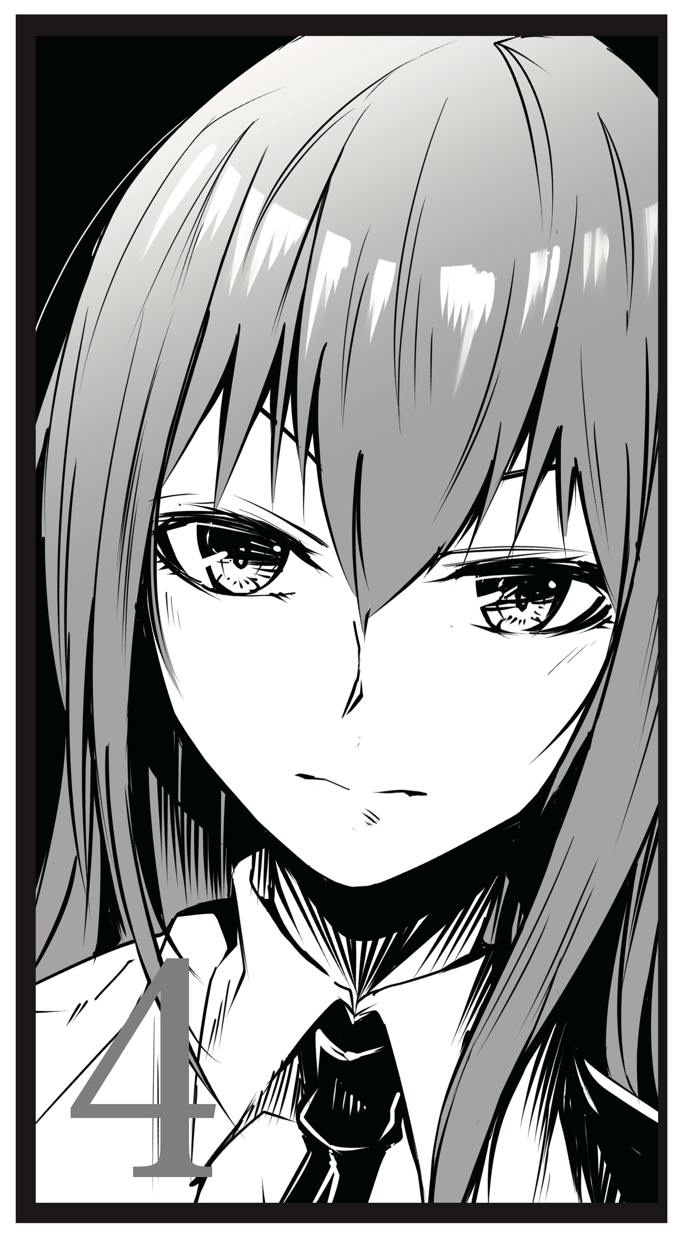 yakku, makise kurisu, makise kurisu (amadeus), science adventure, steins;gate, steins;gate 0, absurdres, commentary request, highres, 1girl, border, dress shirt, greyscale, hair between eyes, hair over one eye, lab coat, long hair, looking ahead, monochrome, necktie, shirt, solo