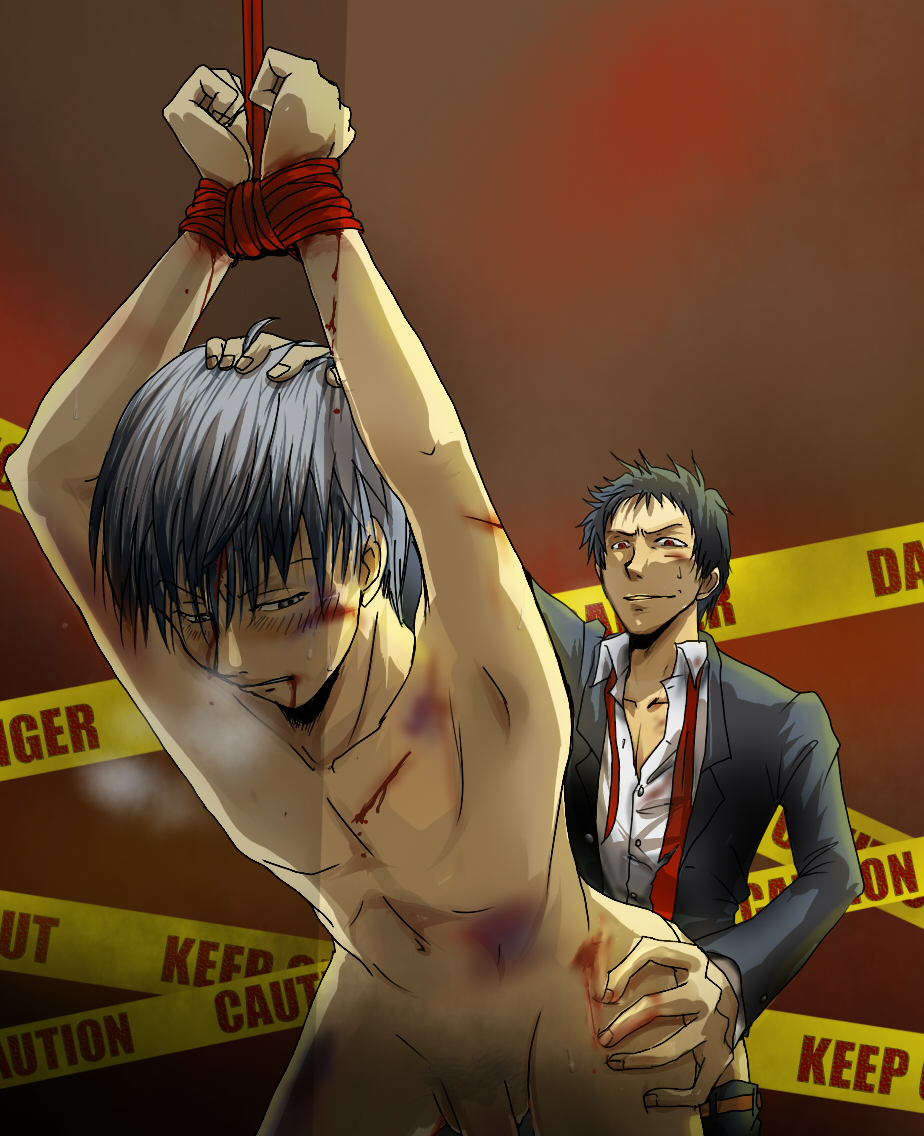adachi tooru, narukami yu, atlus, persona, persona 4, non-web source, 2boys, anal, bad end, bdsm, blood, bondage, bound, bound wrists, bruise, caution tape, clothed on nude, clothed sex, cuts, english text, gashes, injury, keep out, male focus, male penetrated, multiple boys, naughty face, rape, sex, text focus, yaoi
