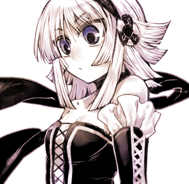 komeo, tenkuu sphere, elm l renegade, embalming (the another tale of frankenstein), bad id, bad pixiv id, 1girl, detached sleeves, dress, edel weiss, embalming the another tale of frankenstein, female focus, purple eyes, short hair, solo