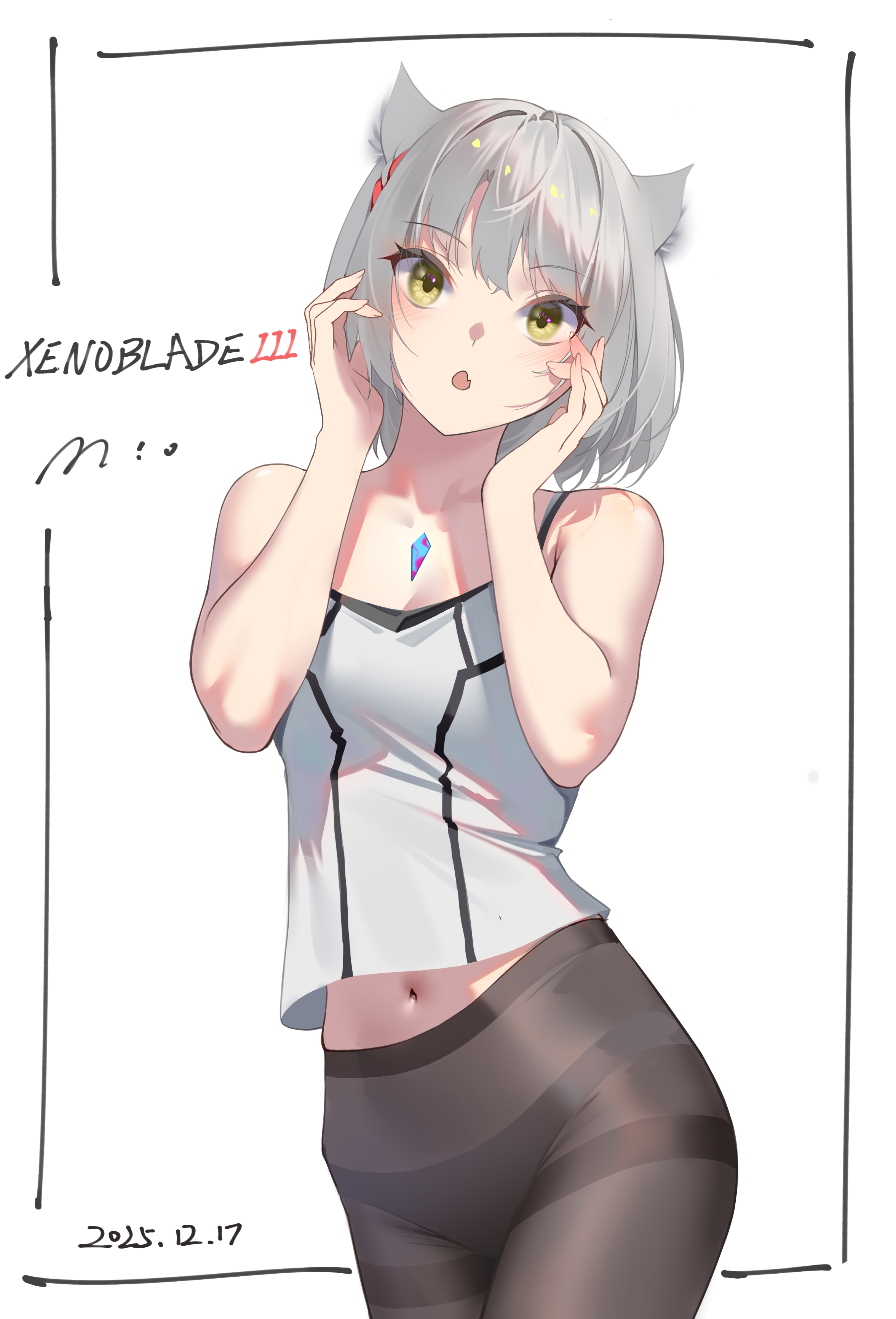evan (pixiv7510743), mio (xenoblade), xenoblade chronicles (series), xenoblade chronicles 3, absurdres, commentary, highres, 1girl, animal ear fluff, animal ears, black pantyhose, cat ears, cat girl, character name, copyright name, dated, grey hair, looking at viewer, medium hair, navel, open mouth, panties, panties under pantyhose, pantyhose, simple background, solo, standing, underwear, white background, yellow eyes