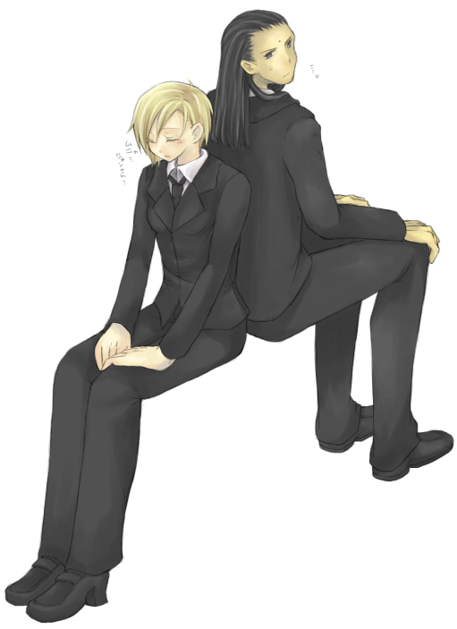 hiyo kiki, elena (ff7), tseng, final fantasy, final fantasy vii, 1990s (style), black hair, blonde hair, blush, closed eyes, formal clothes, long hair, necktie, retro artstyle, short hair, suit, turks (ff7)