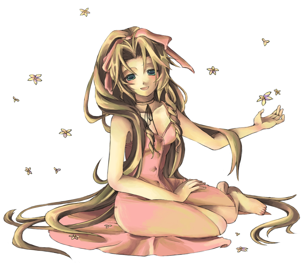 hiyo kiki, aerith gainsborough, final fantasy, final fantasy vii, 1990s (style), barefoot, blush, brown hair, dress, flower, green eyes, long hair, pink ribbon, ponytail, ribbon, very long hair