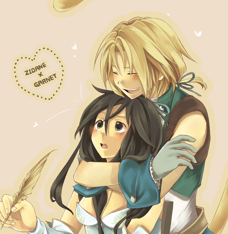 hiyo kiki, garnet til alexandros xvii, zidane tribal, final fantasy, final fantasy ix, sepia background, bad id, bad pixiv id, 00s, 1boy, 1girl, black hair, blonde hair, blush, brown eyes, brown outline, character name, closed eyes, couple, from behind, gloves, hetero, hug, hug from behind, jewelry, long hair, necklace, open mouth, outline, pen, quill, tail